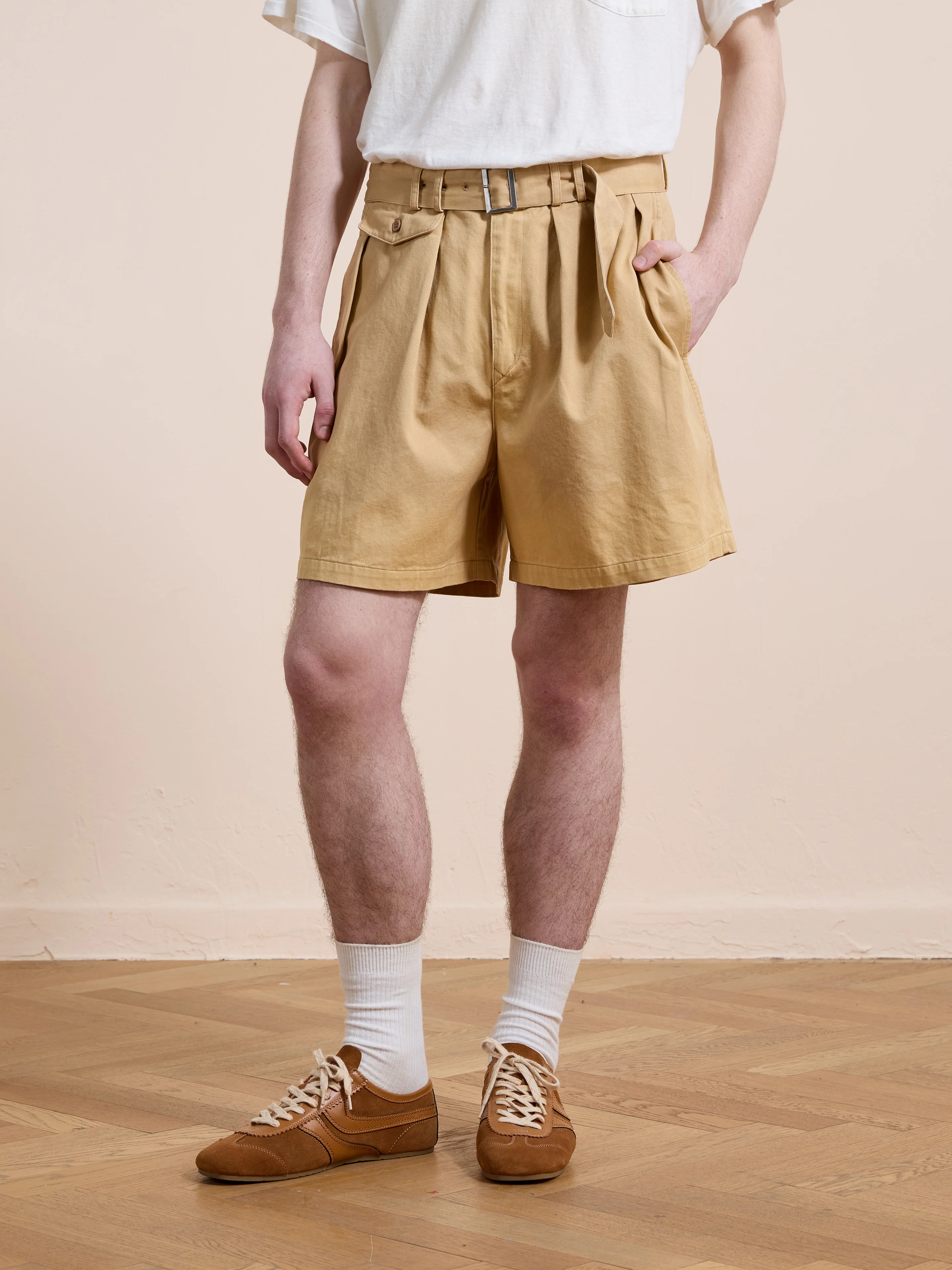 Belted Twill Pleated Shorts
