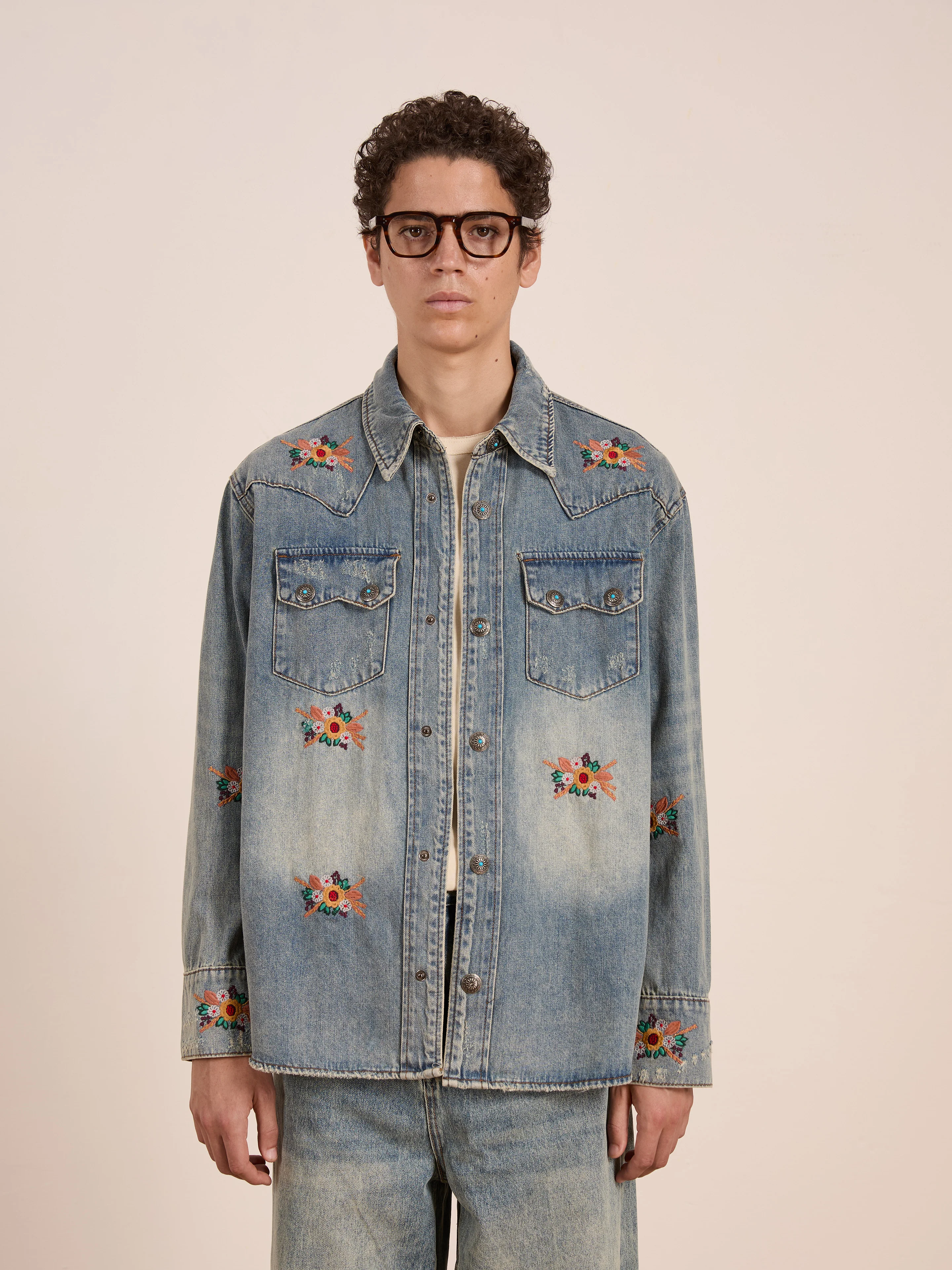 Bouquet Floral Embroidered Western Denim Shirt