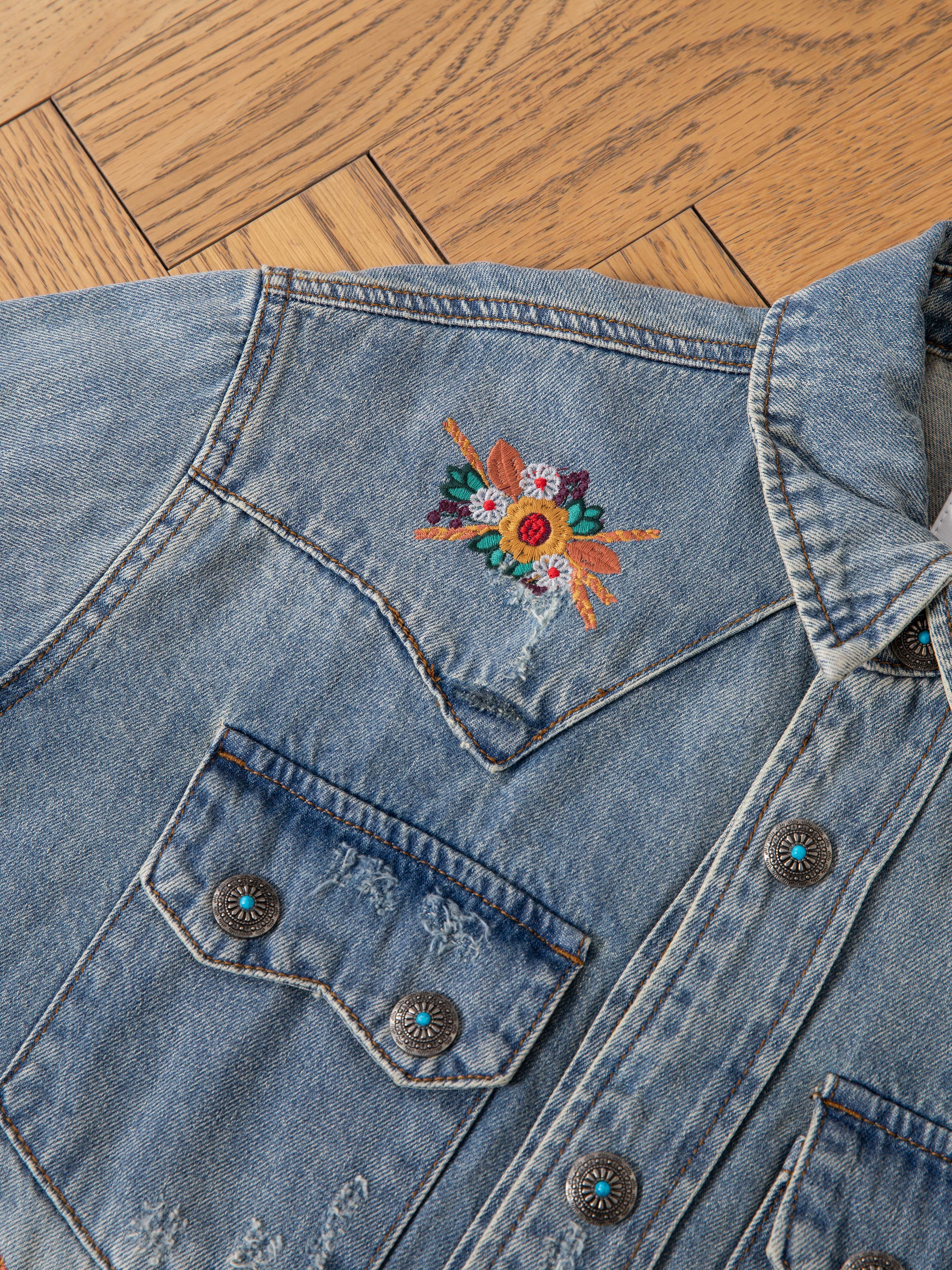 Bouquet Floral Embroidered Western Denim Shirt - Image 10