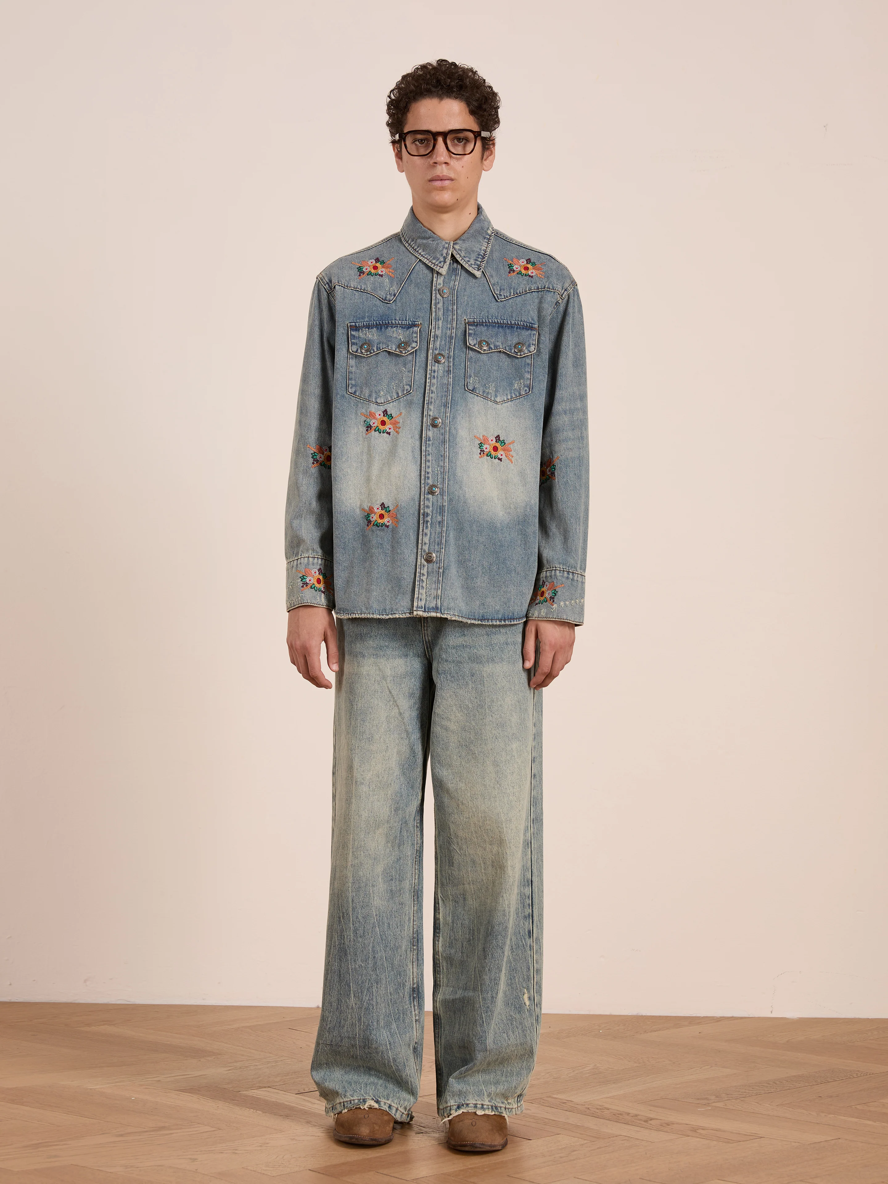 Bouquet Floral Embroidered Western Denim Shirt - Image 11