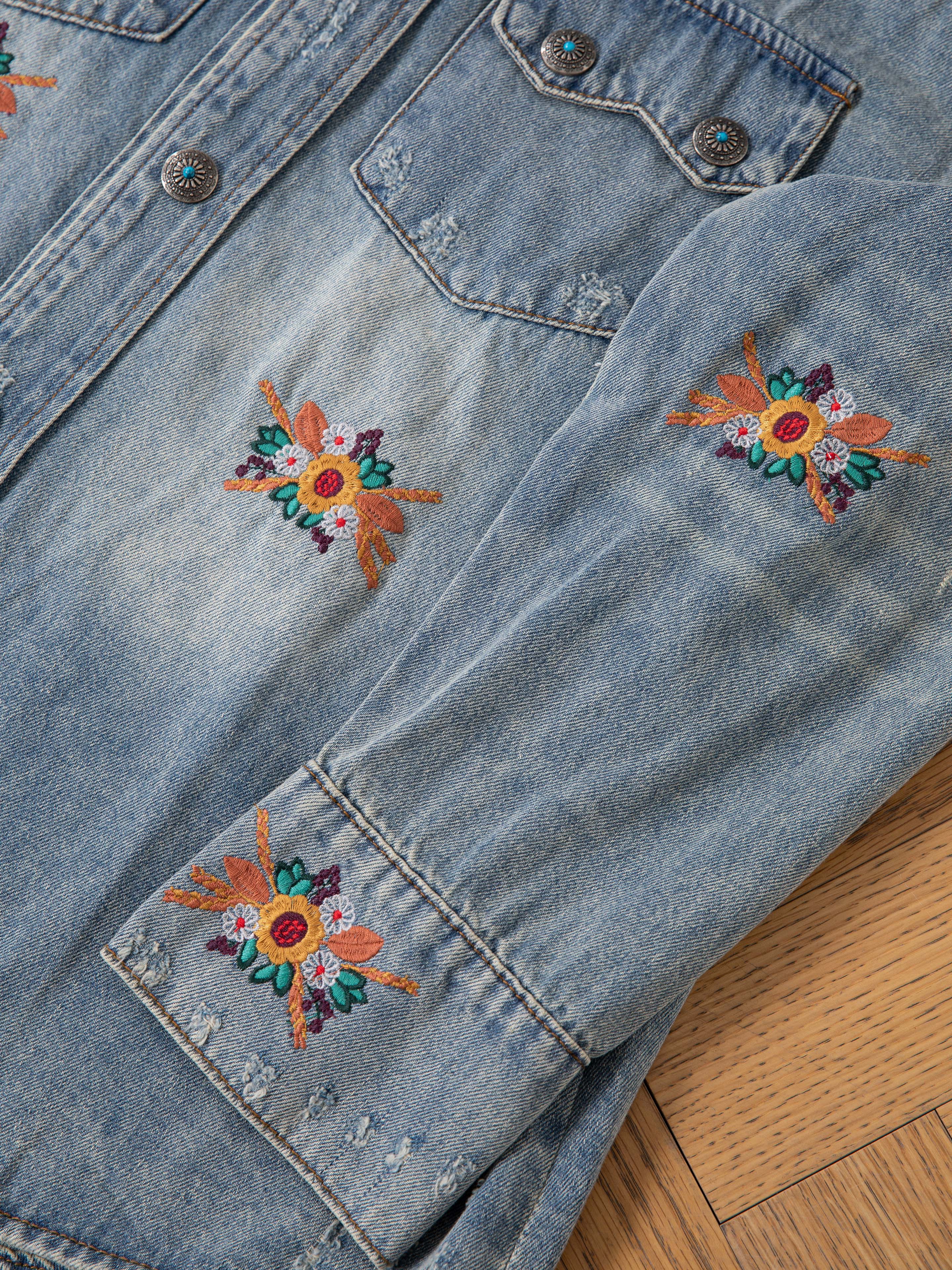 Bouquet Floral Embroidered Western Denim Shirt - Image 12