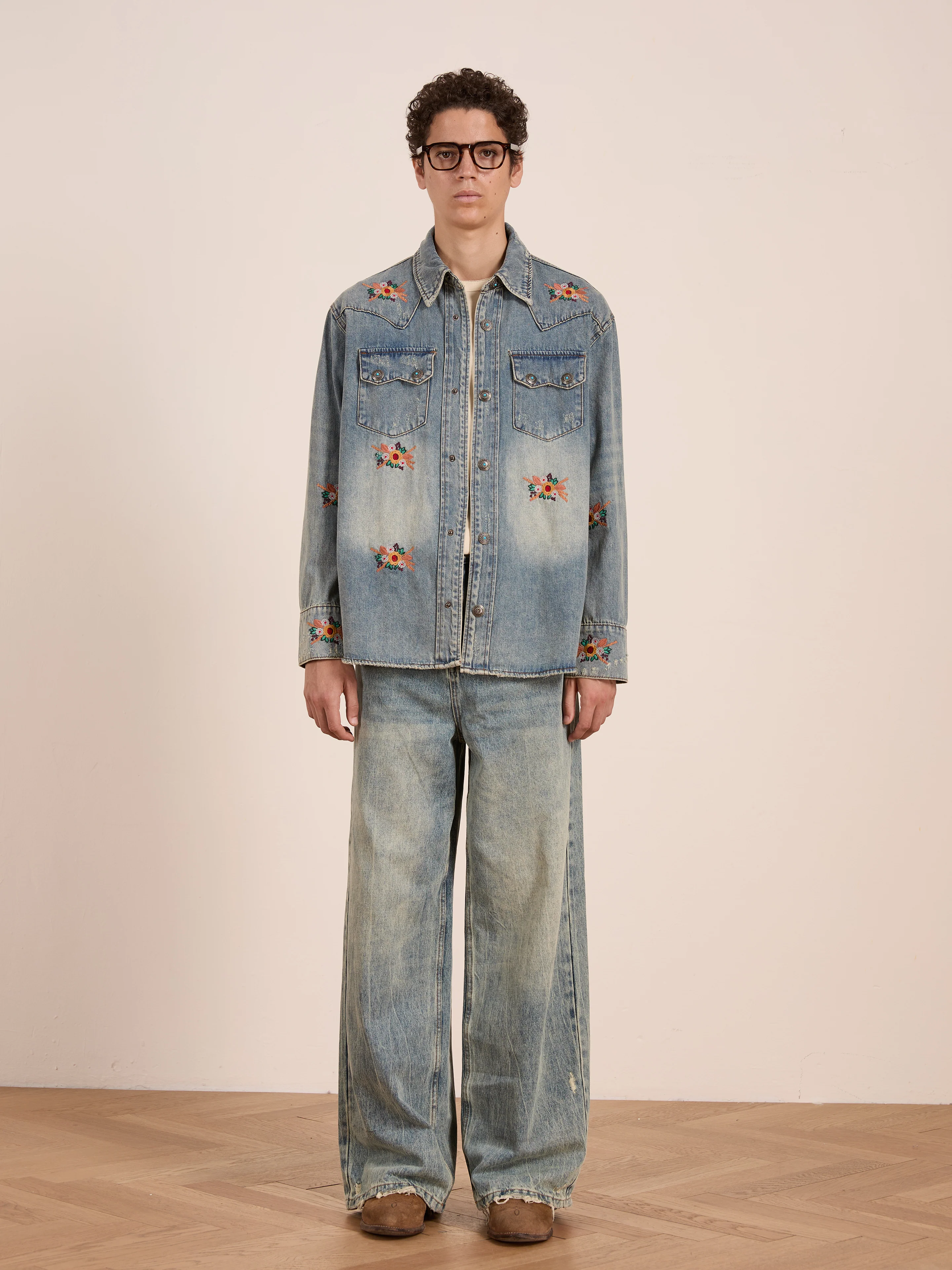 Bouquet Floral Embroidered Western Denim Shirt - Image 2