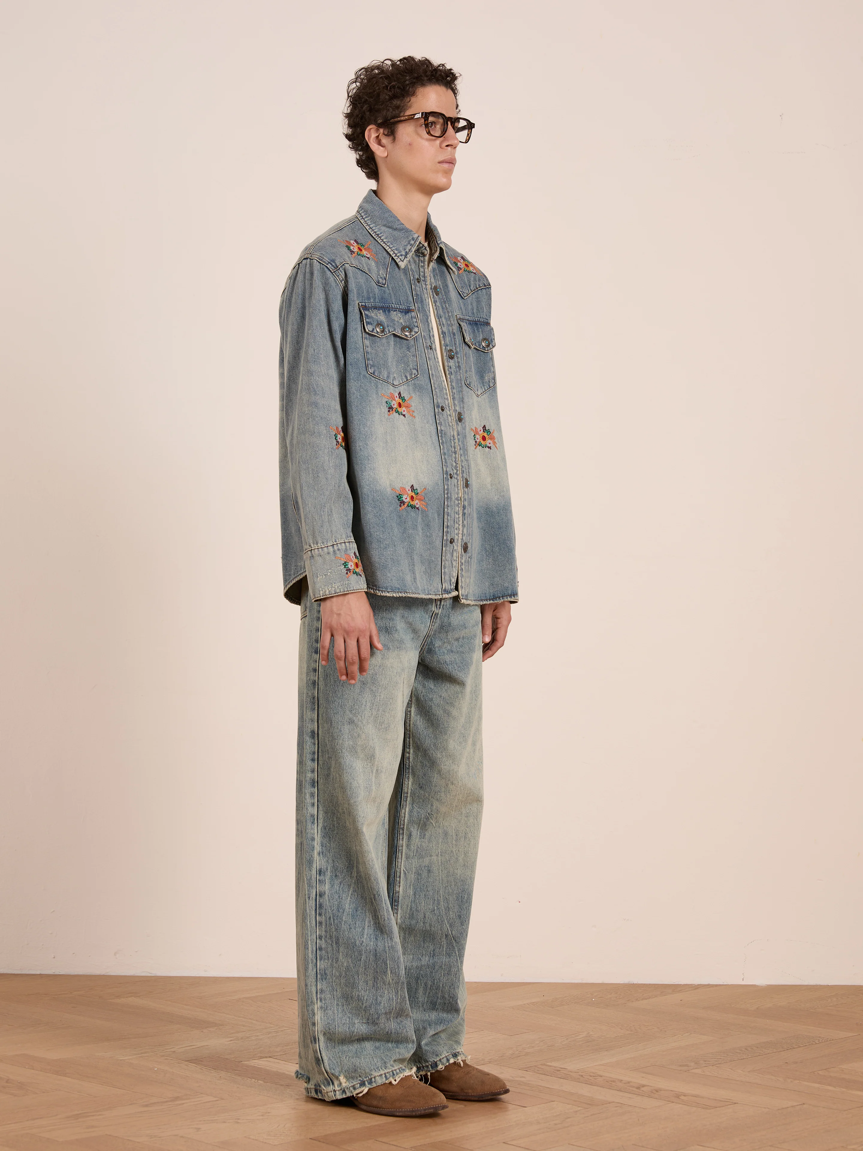 Bouquet Floral Embroidered Western Denim Shirt - Image 3