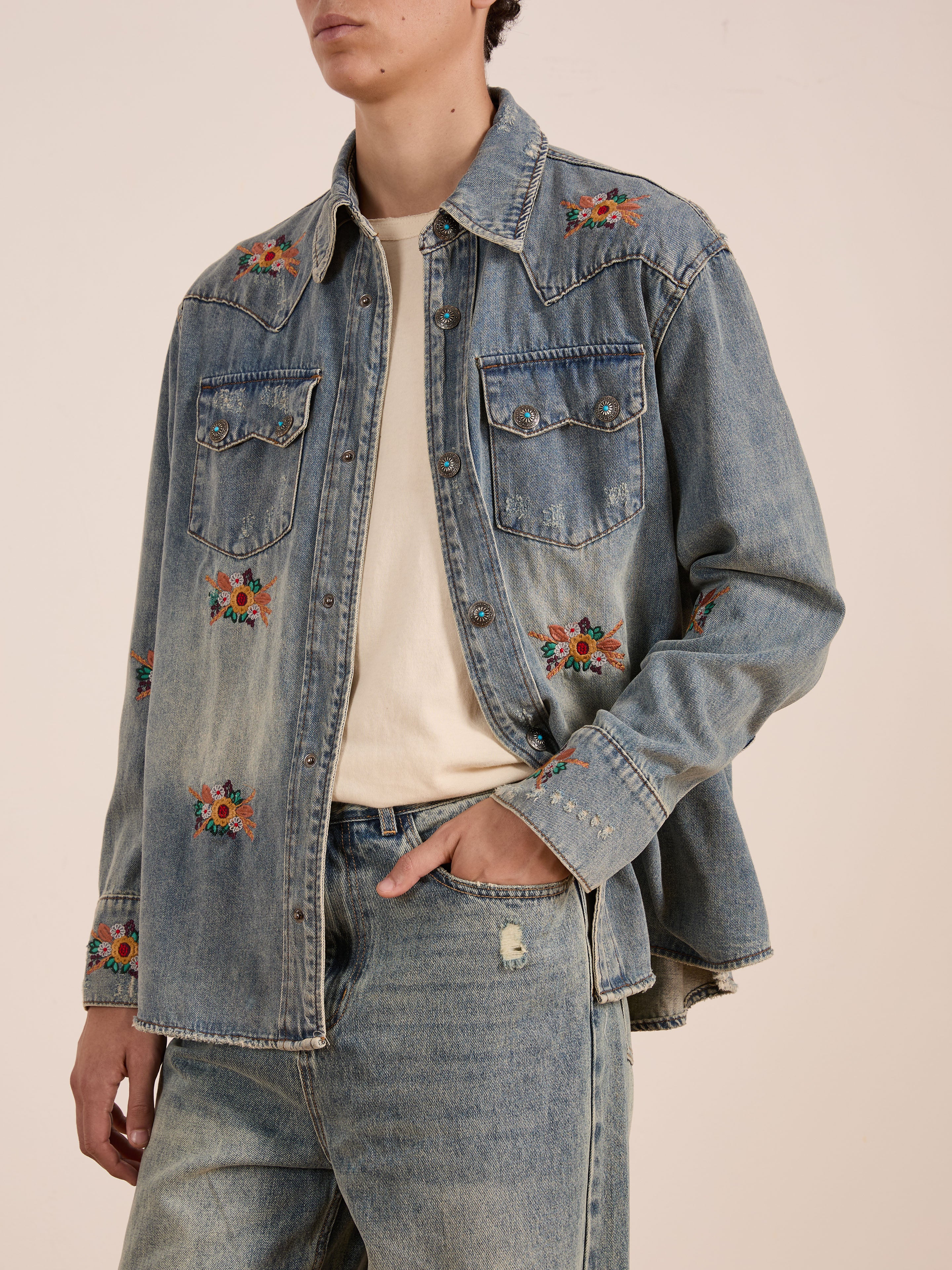 Bouquet Floral Embroidered Western Denim Shirt - Image 4