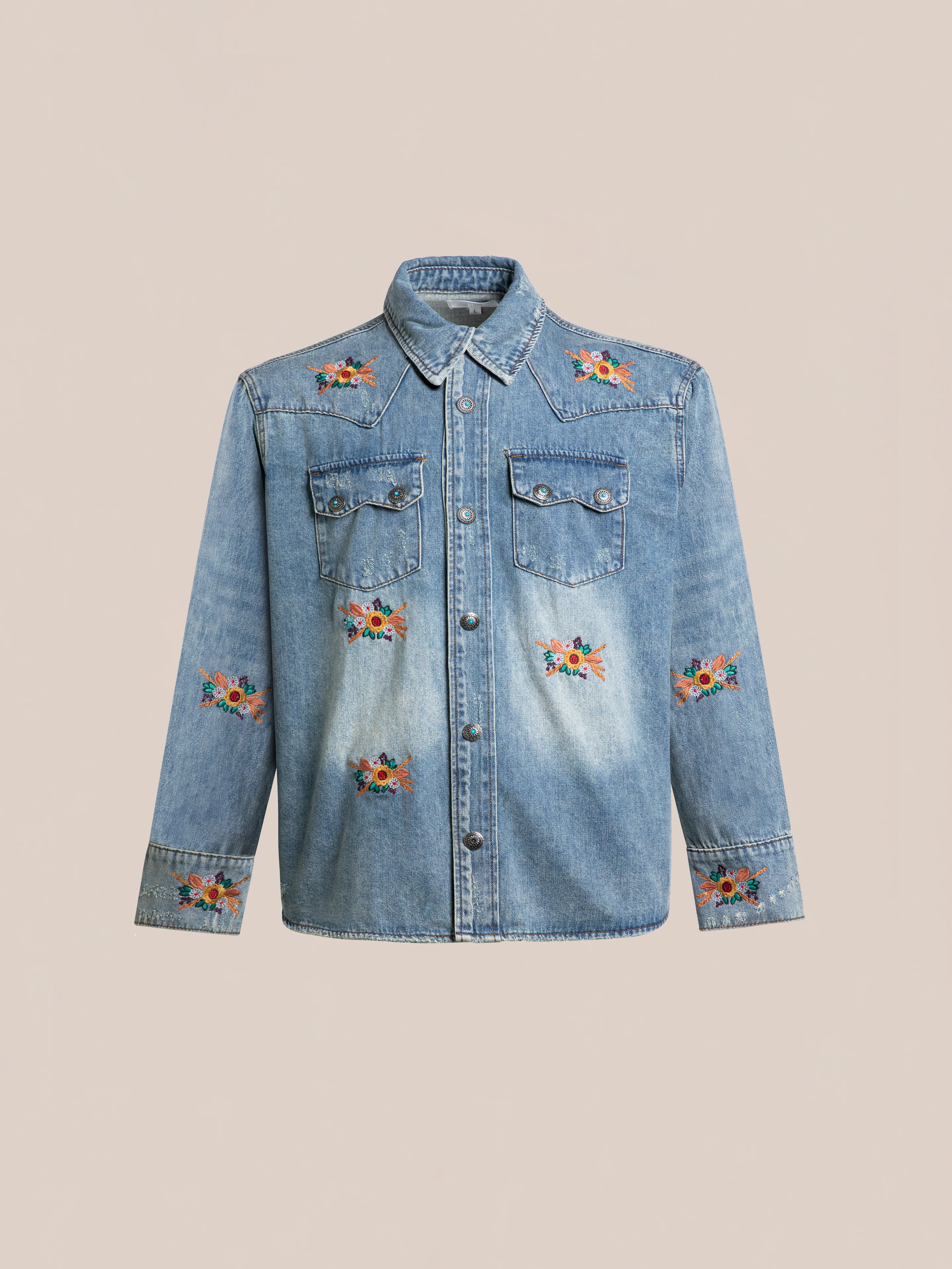 Bouquet Floral Embroidered Western Denim Shirt - Image 5