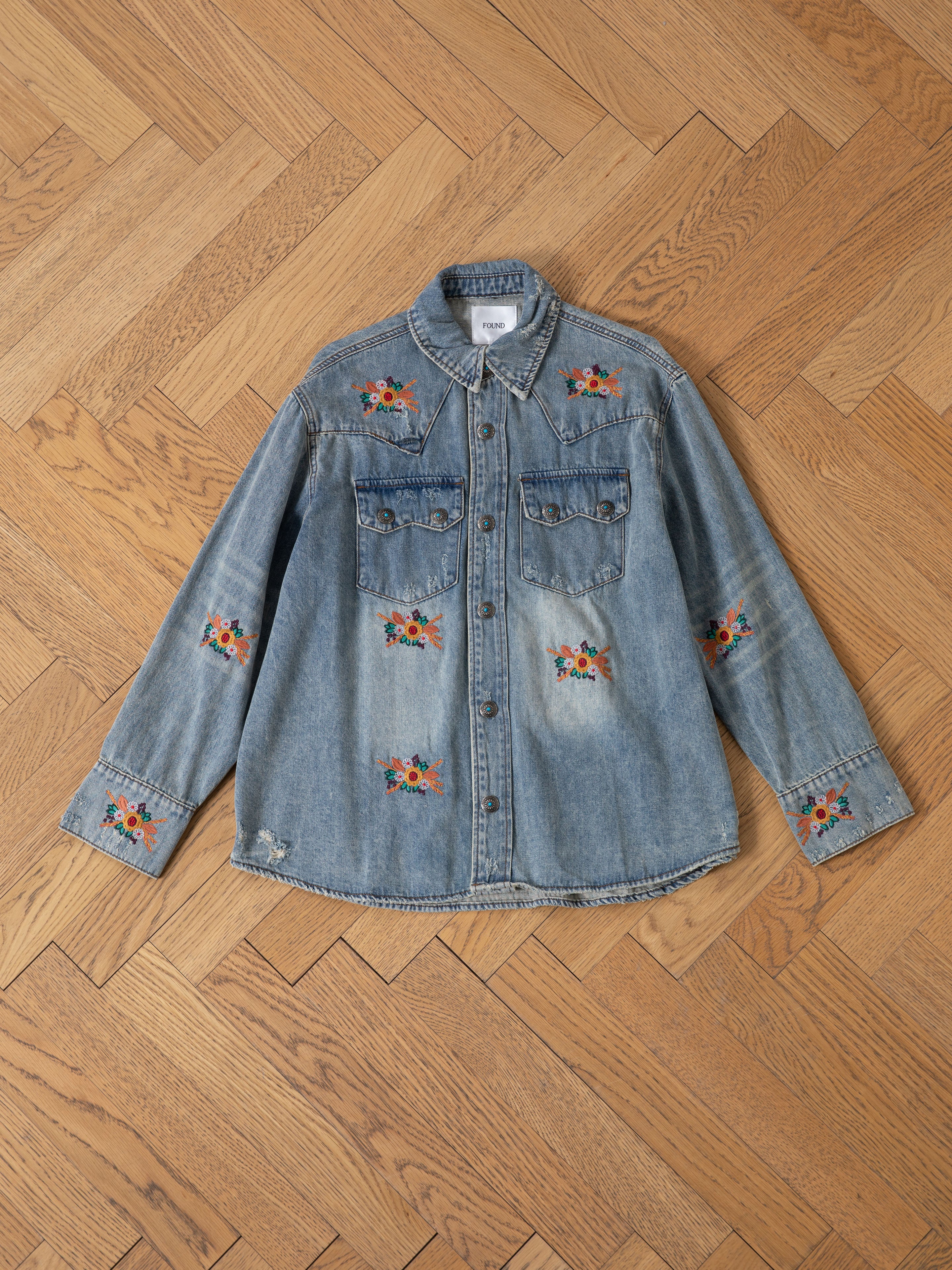 Bouquet Floral Embroidered Western Denim Shirt - Image 8