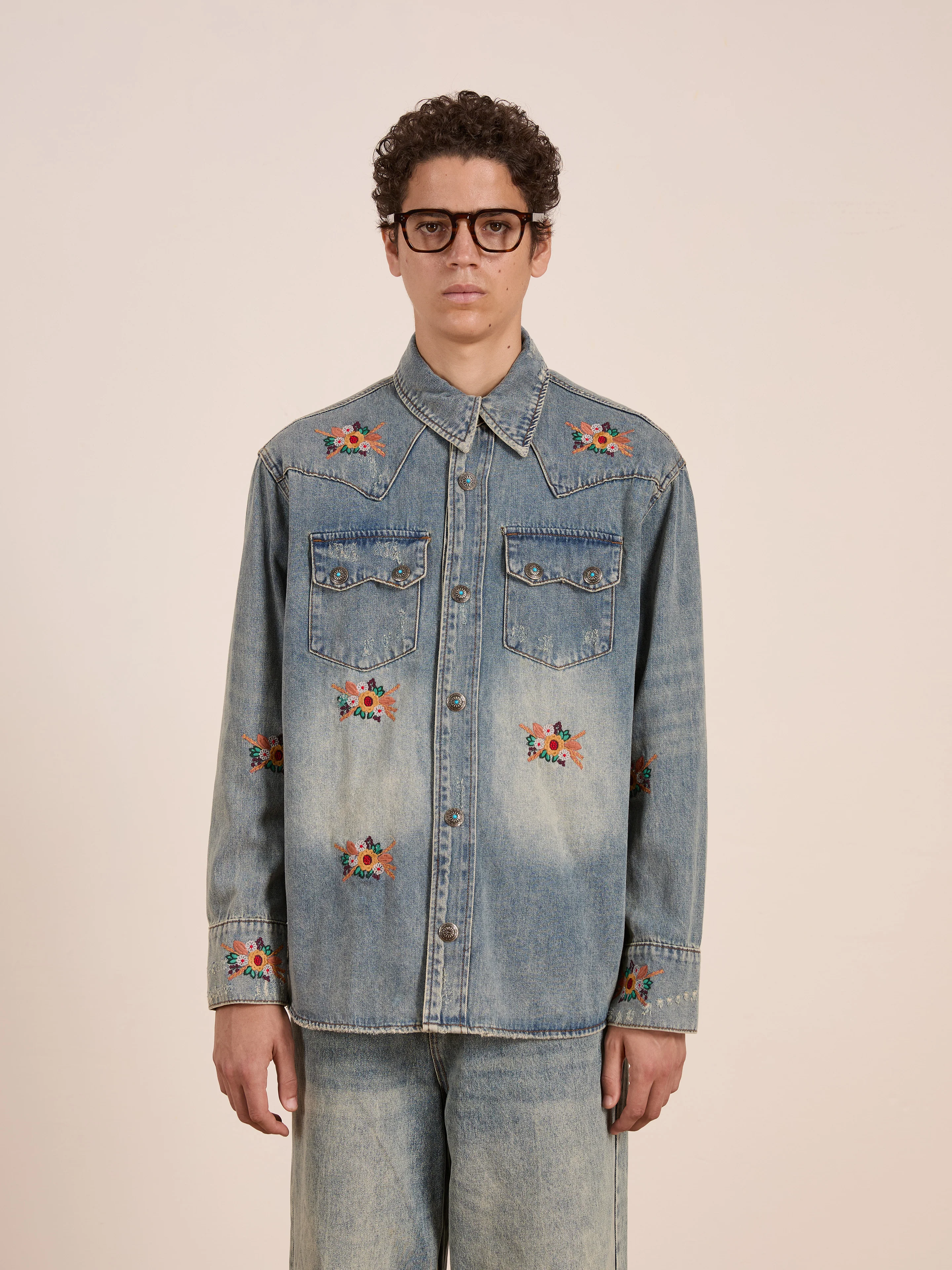 Bouquet Floral Embroidered Western Denim Shirt - Image 9