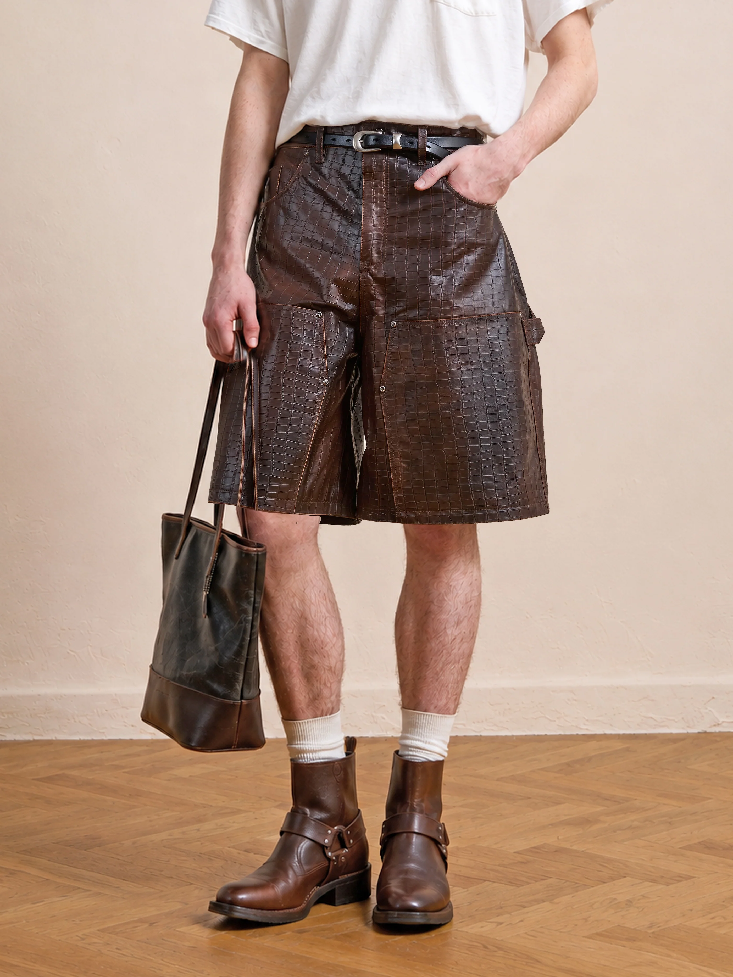 Distressed Croc Embossed Leather Shorts