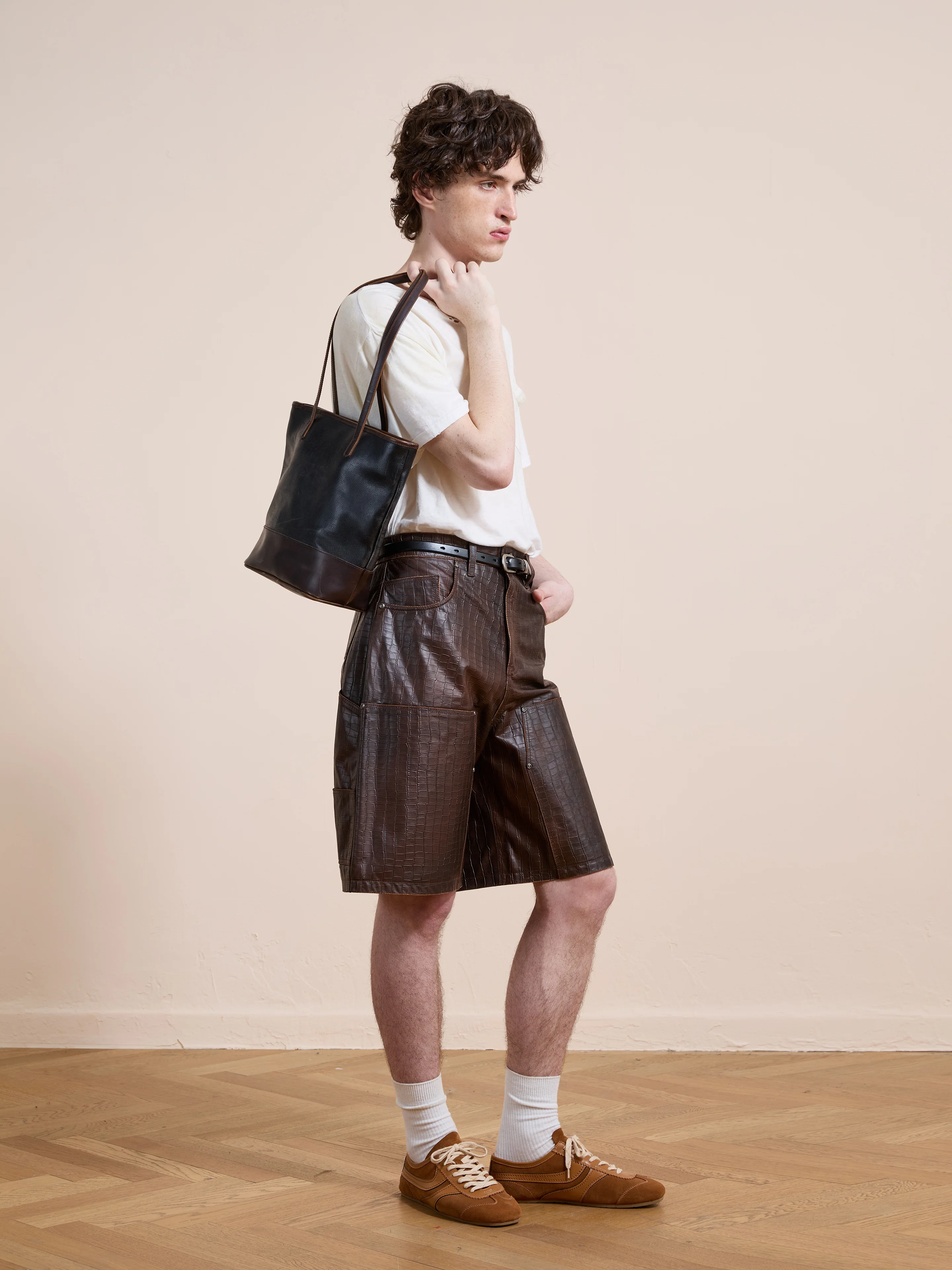 Distressed Croc Embossed Leather Shorts - Image 10