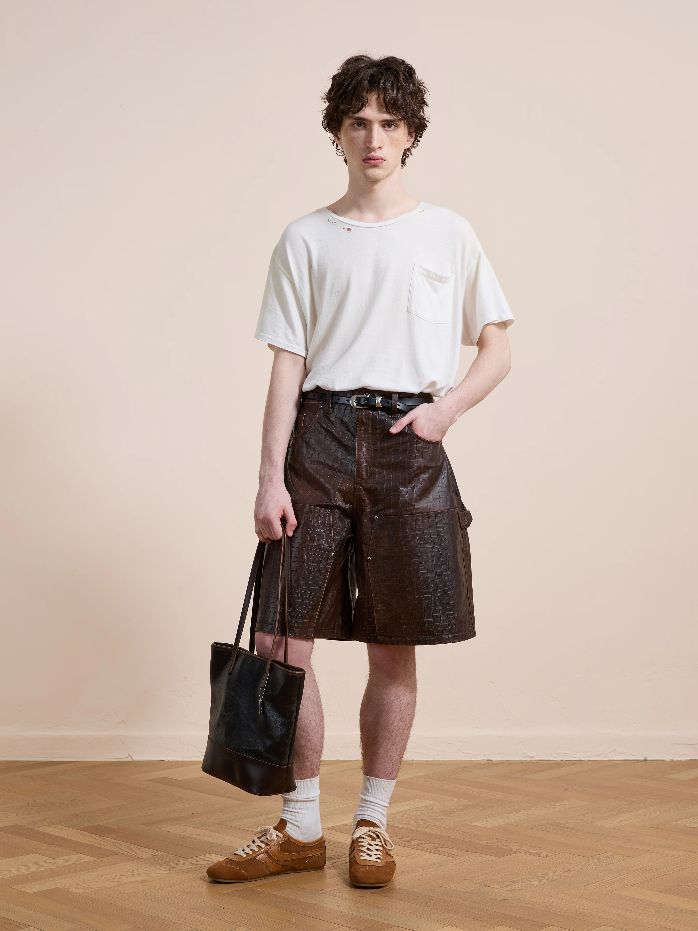 Distressed Croc Embossed Leather Shorts - Image 11