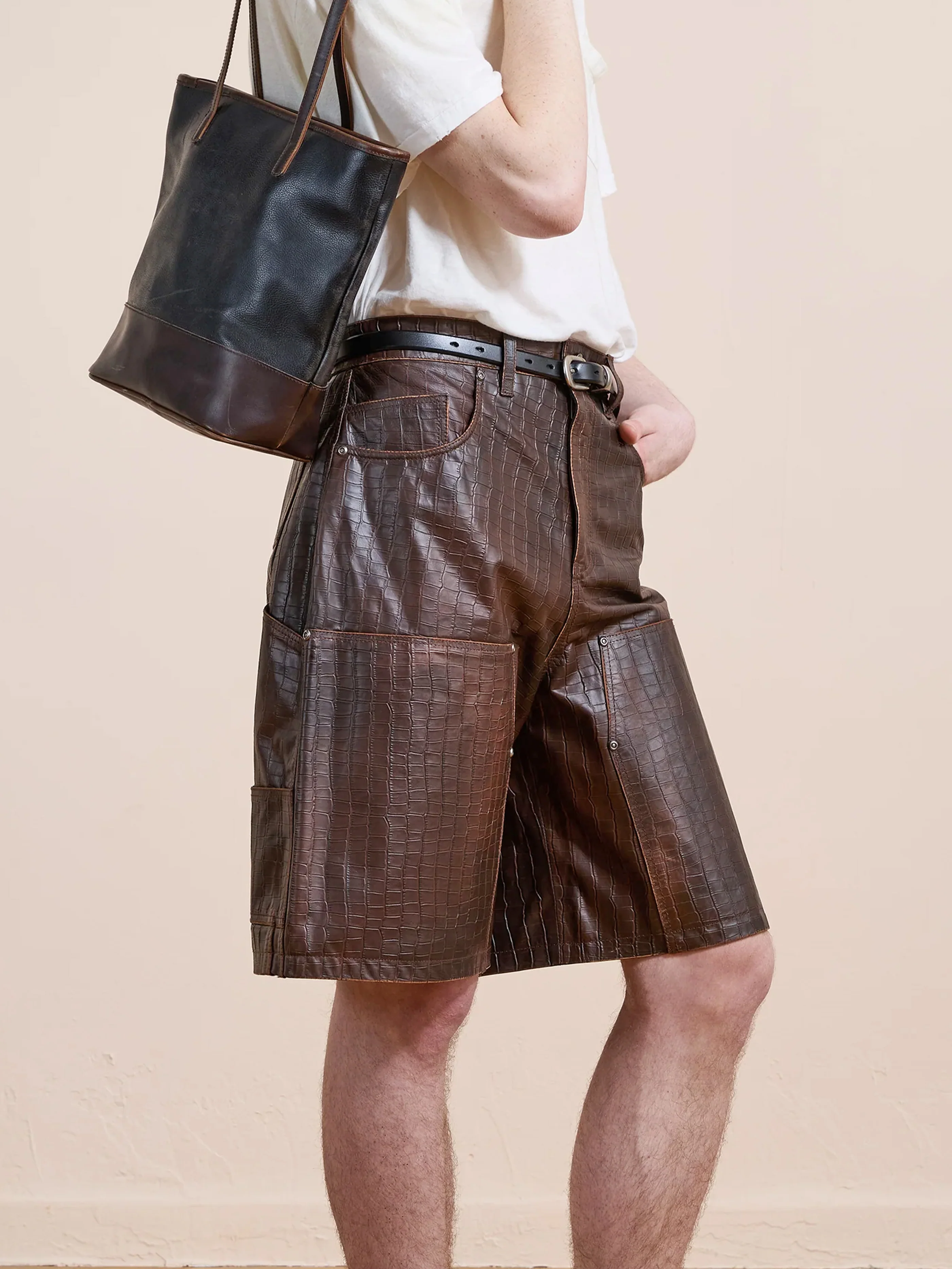Distressed Croc Embossed Leather Shorts - Image 2