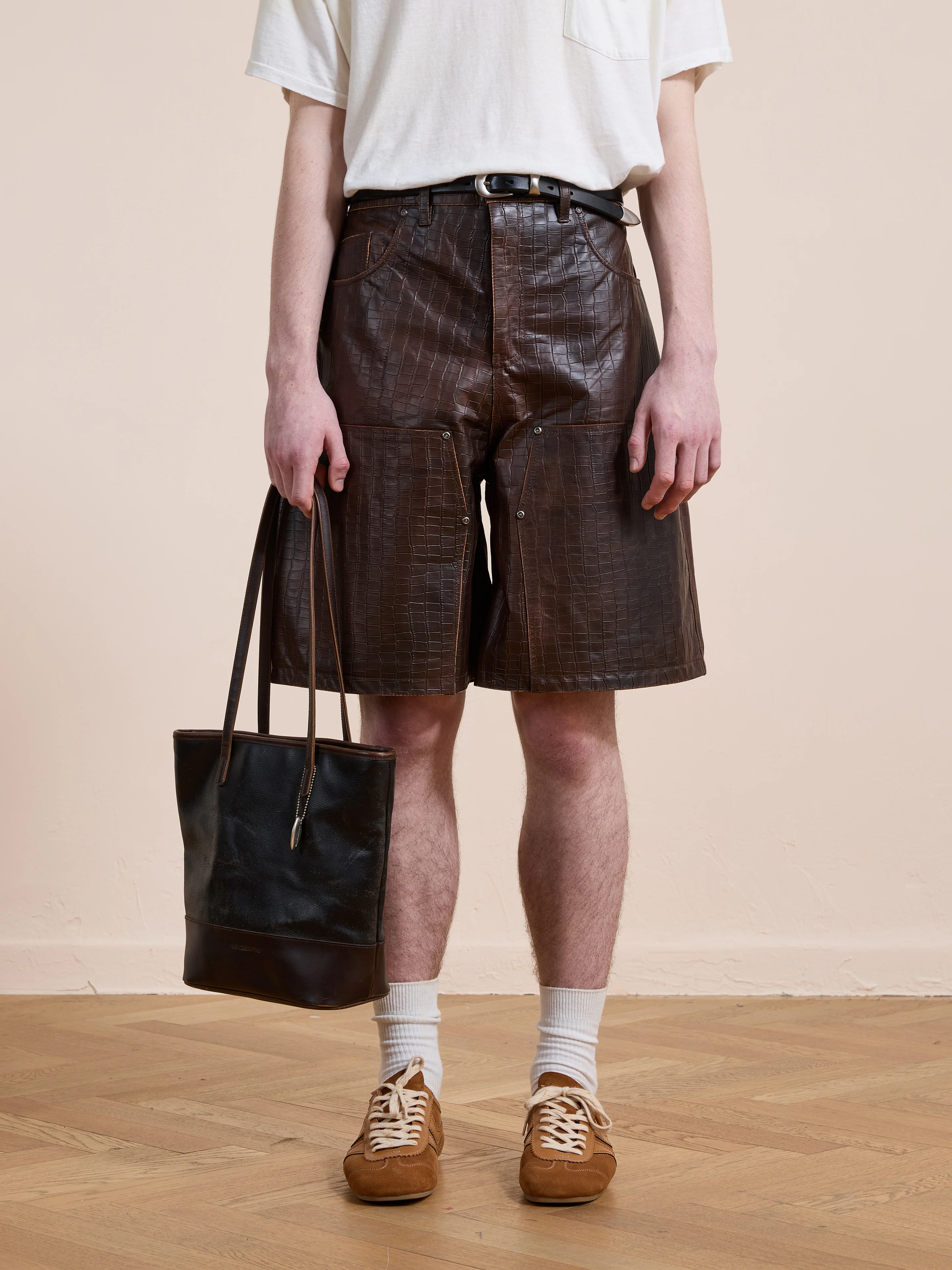 Distressed Croc Embossed Leather Shorts - Image 5