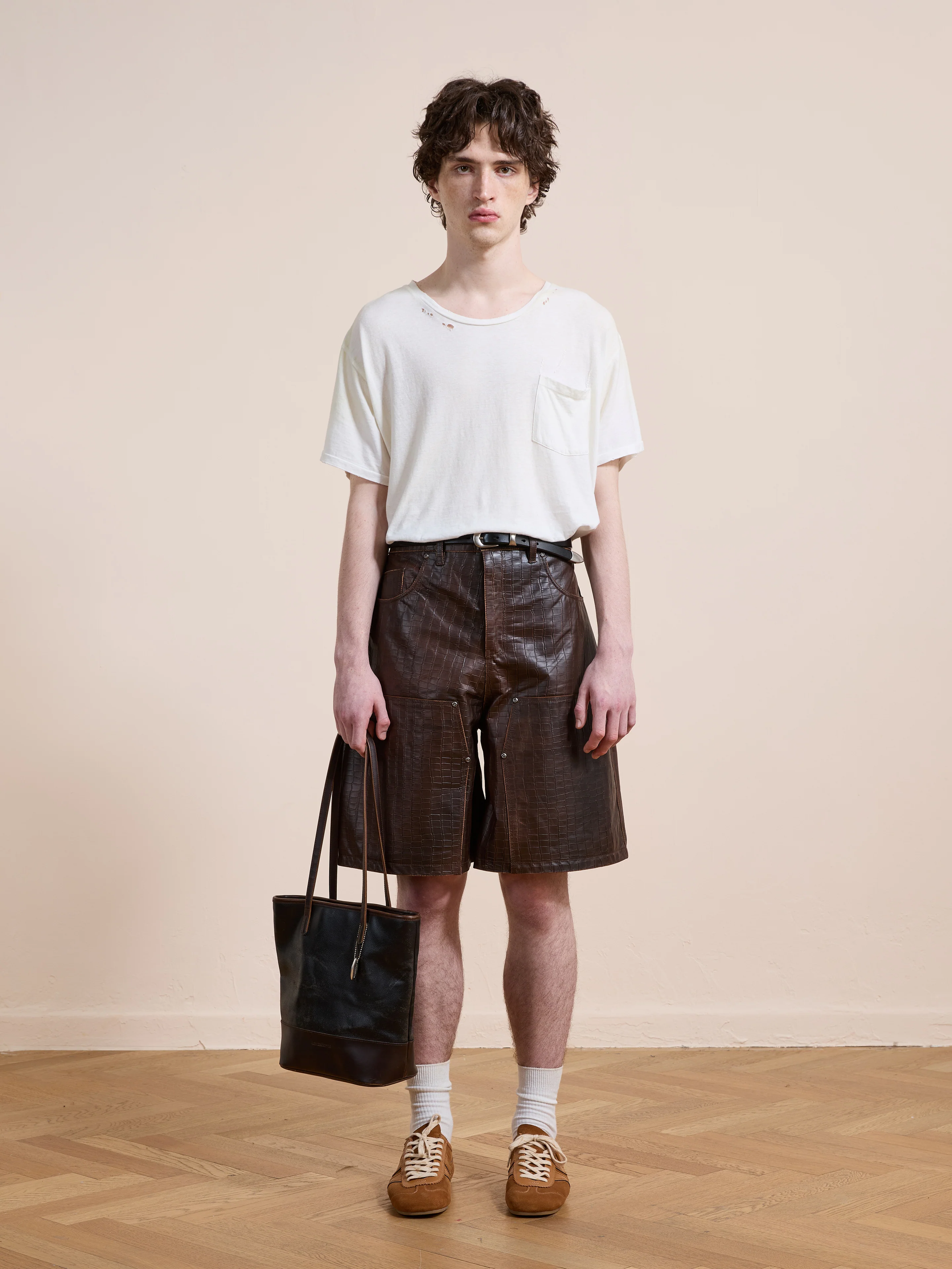 Distressed Croc Embossed Leather Shorts - Image 6