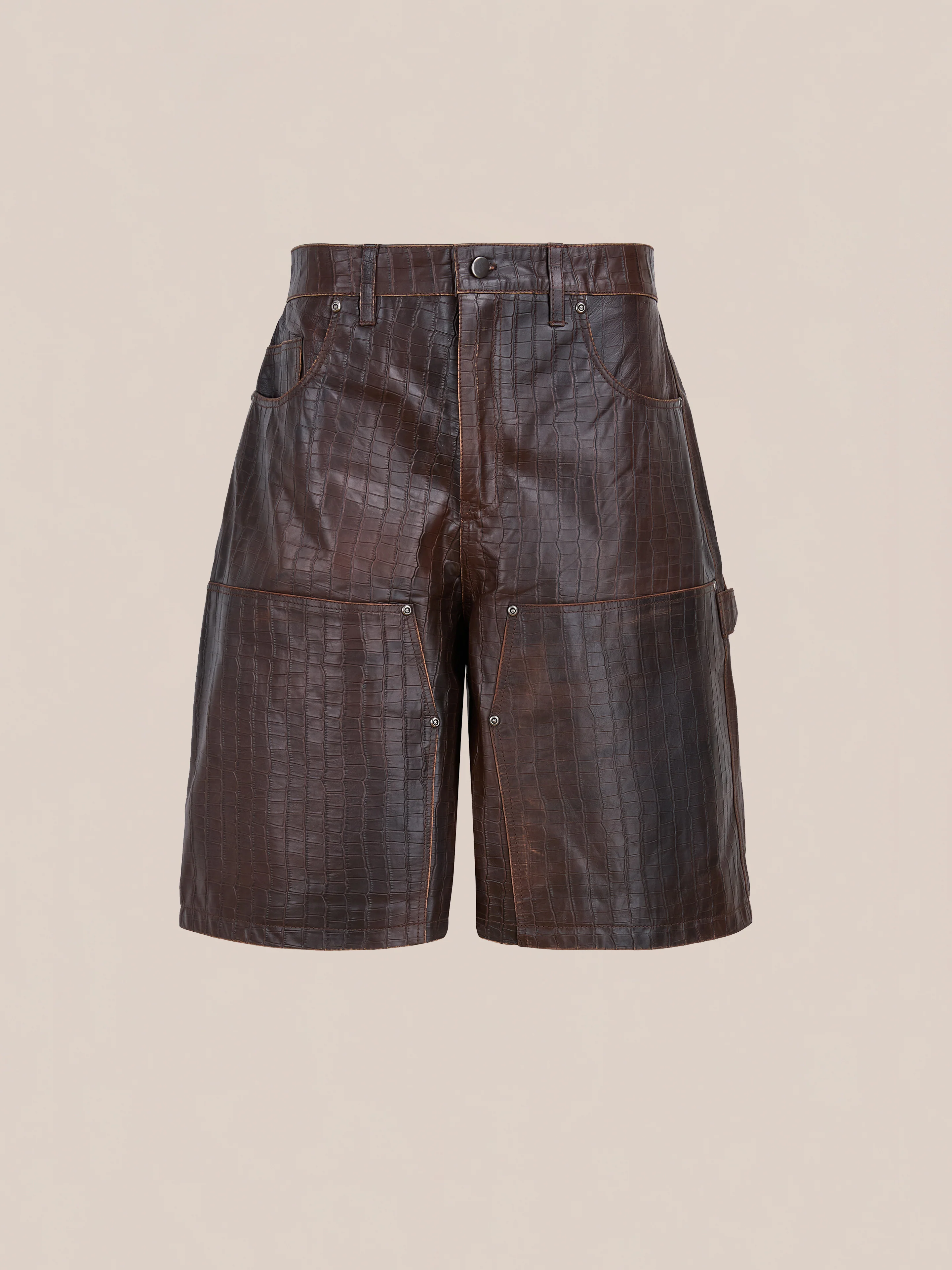 Distressed Croc Embossed Leather Shorts - Image 7