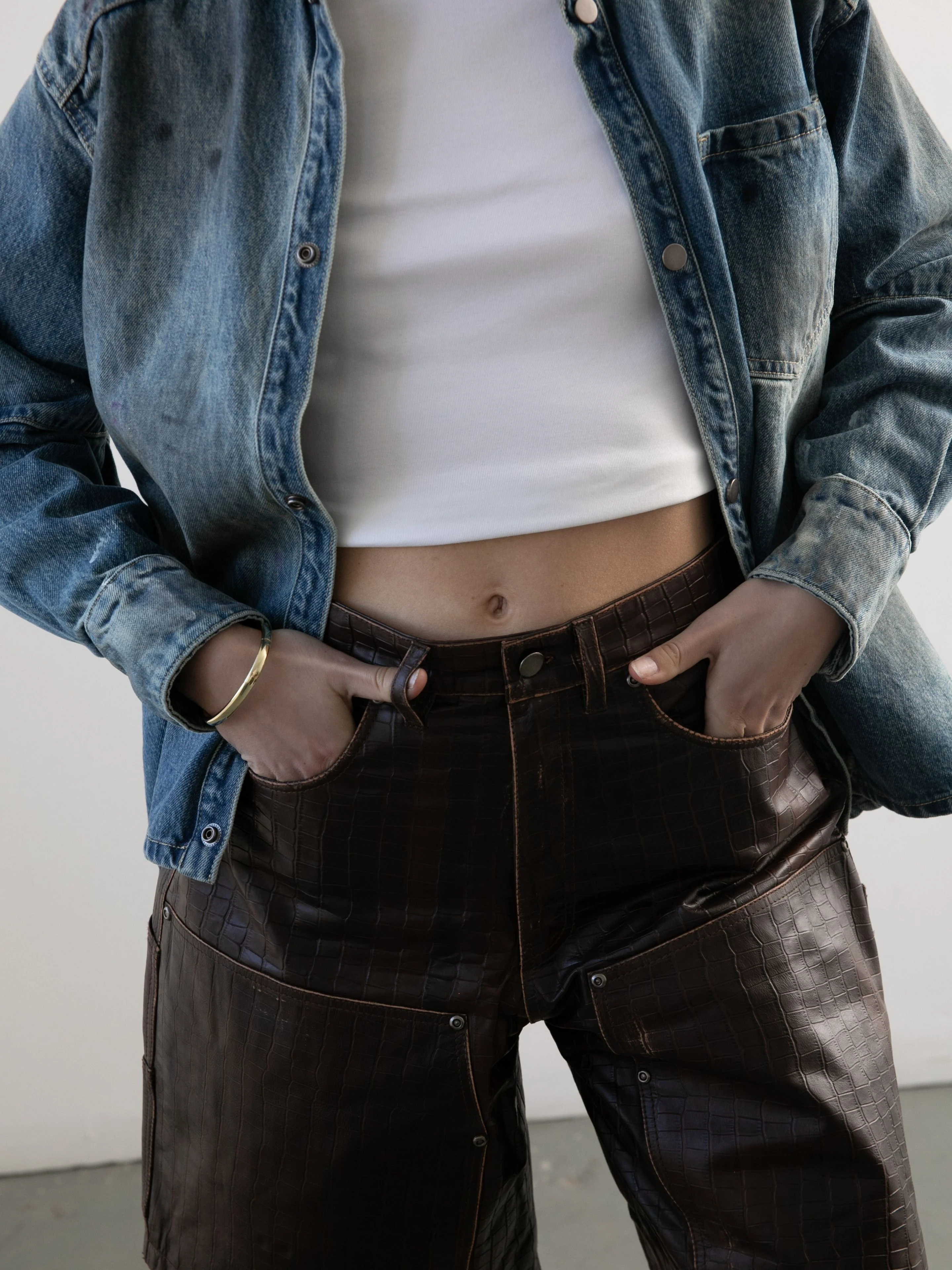 Distressed Croc Embossed Leather Shorts - Image 9