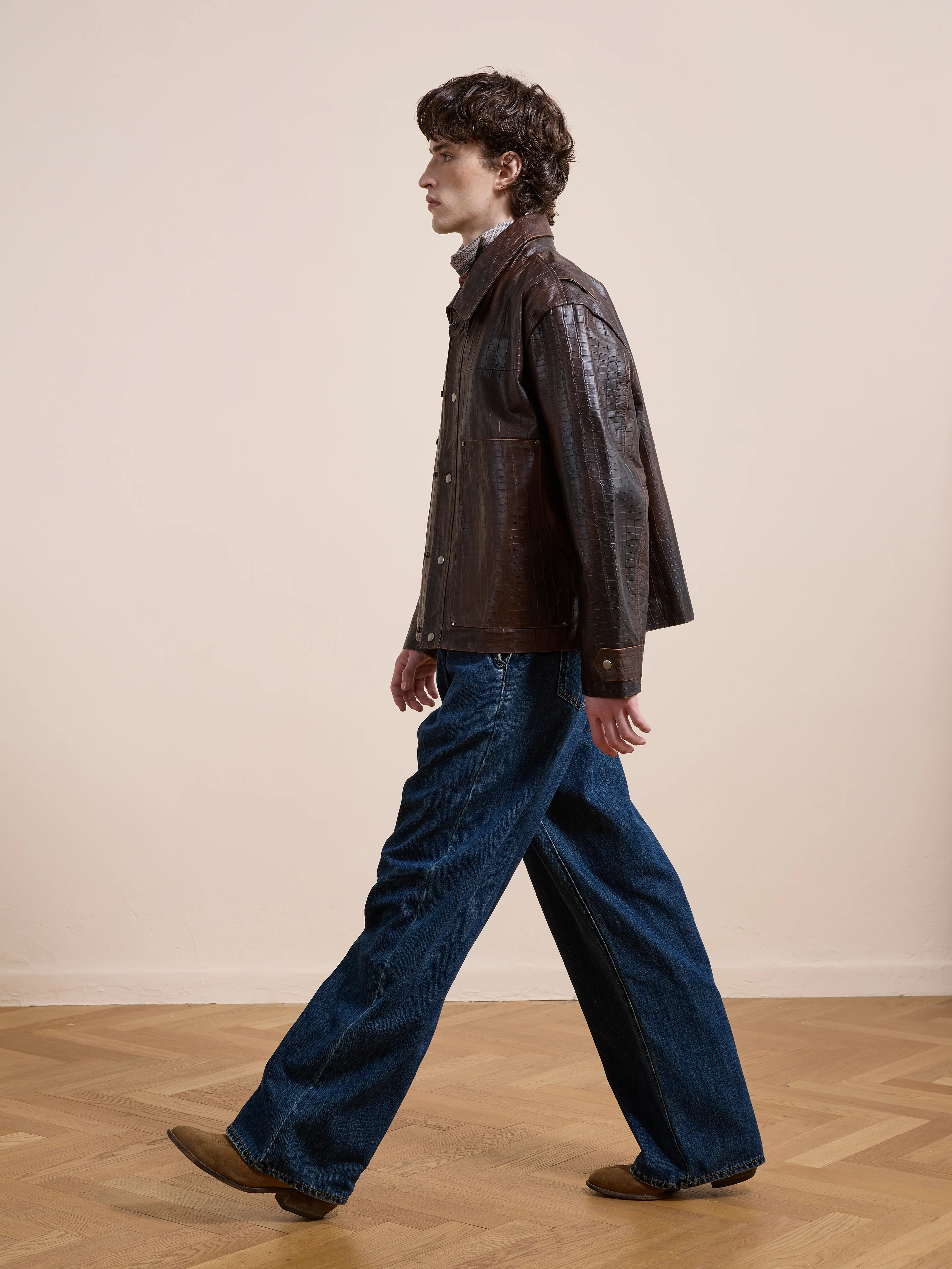 Distressed Croc Embossed Leather Work Jacket - Image 10