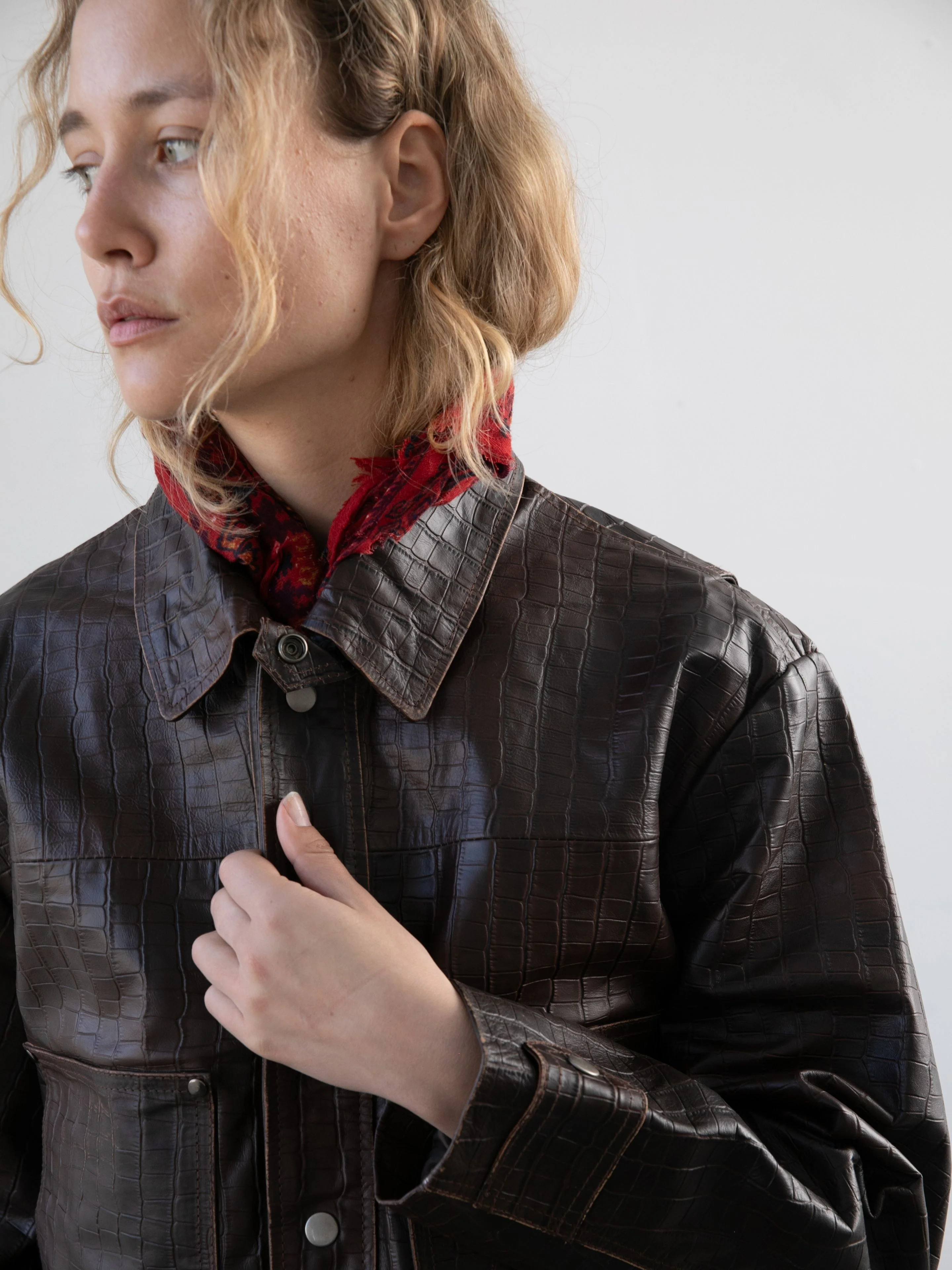 Distressed Croc Embossed Leather Work Jacket - Image 9