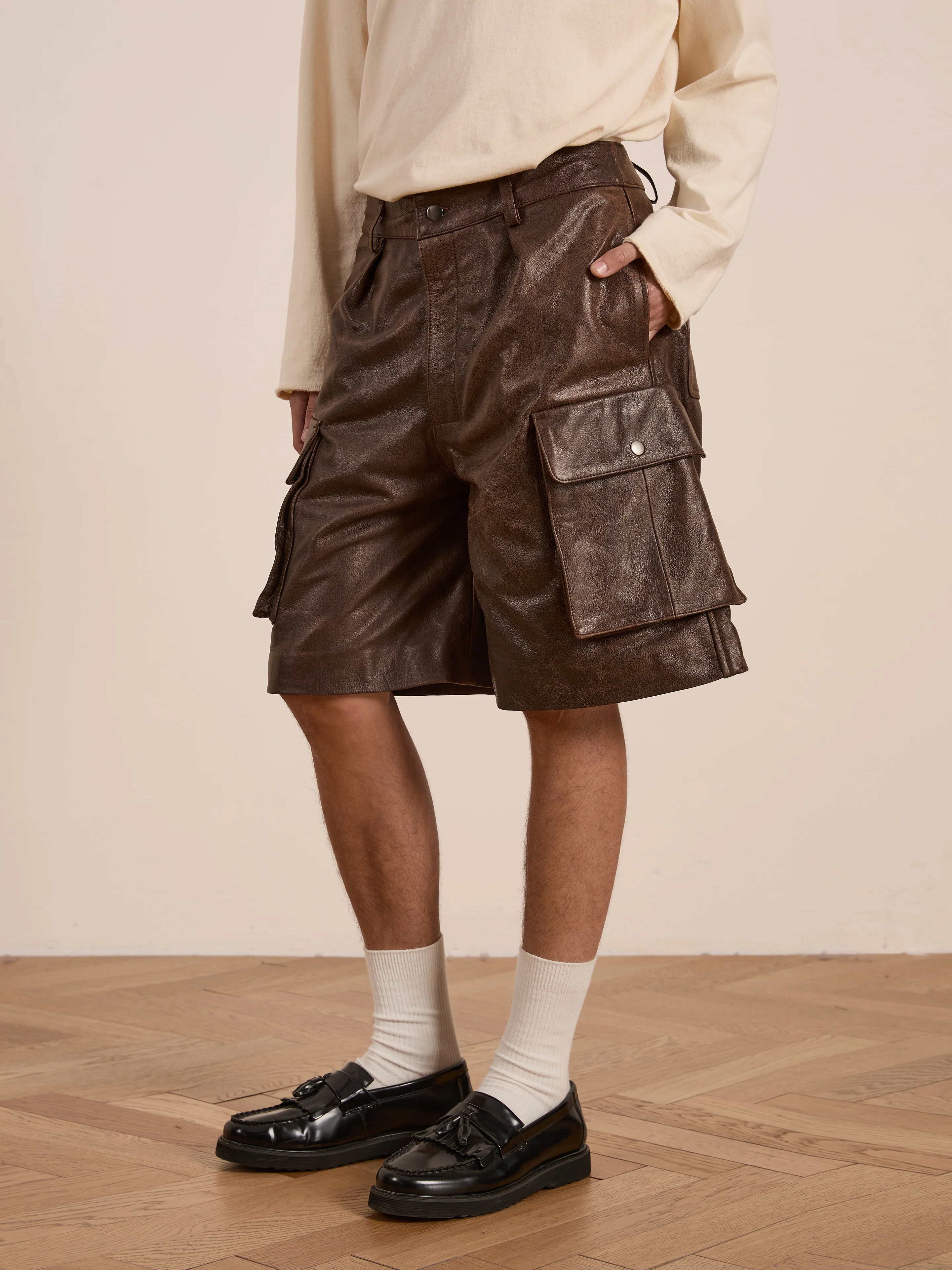 Dusk Distressed Genuine Leather Cargo Shorts - Image 4