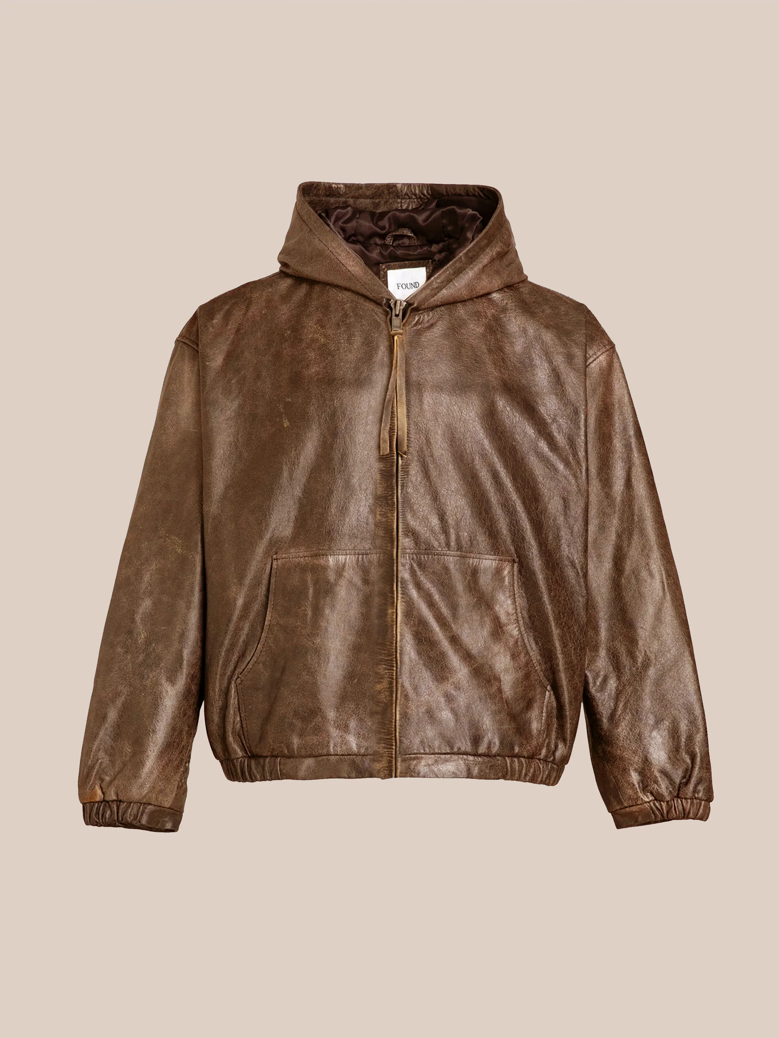 Distressed Genuine Leather Zip-Up Hoodie