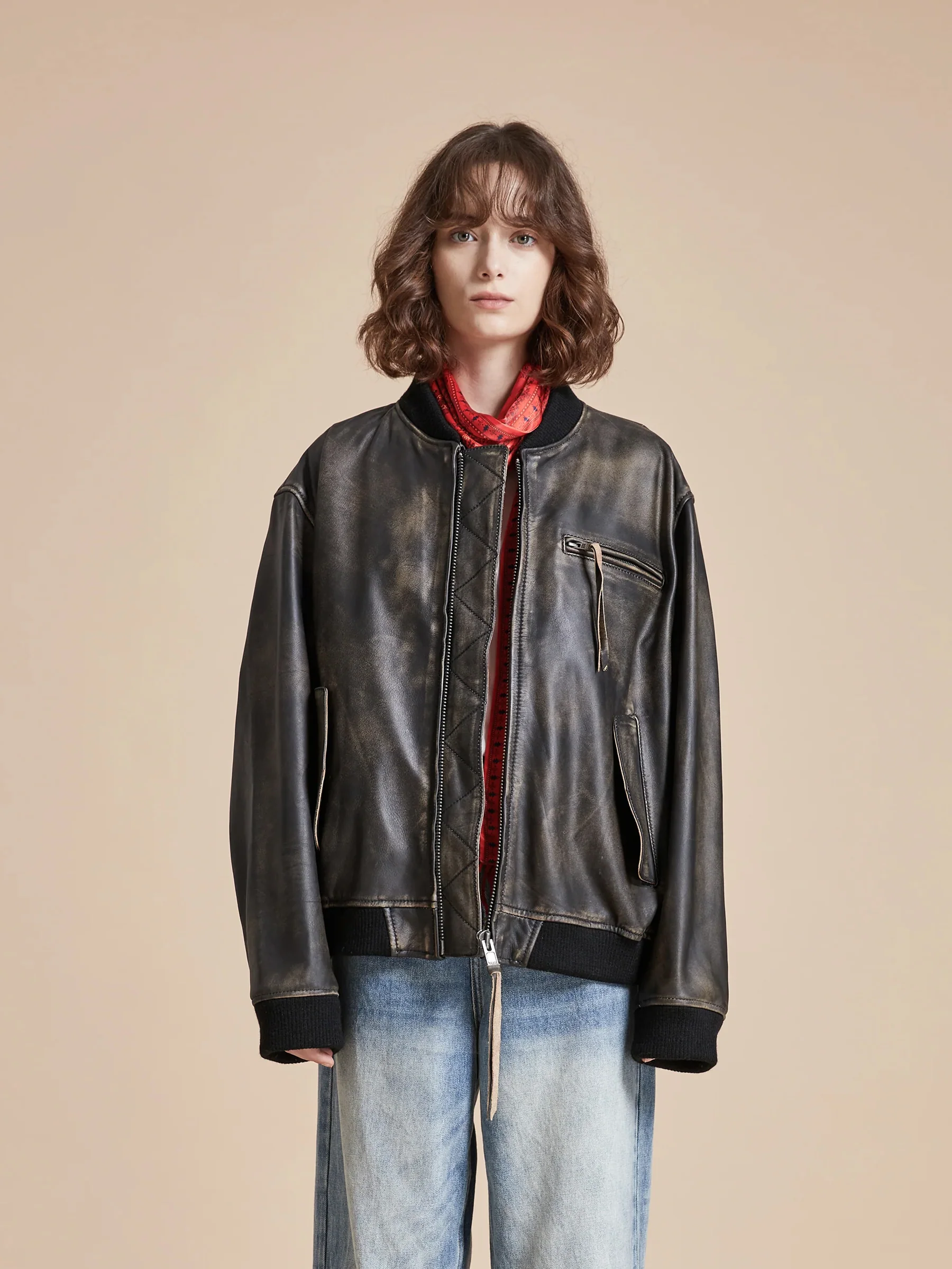 Distressed Pavement Leather Bomber Jacket - Image 10