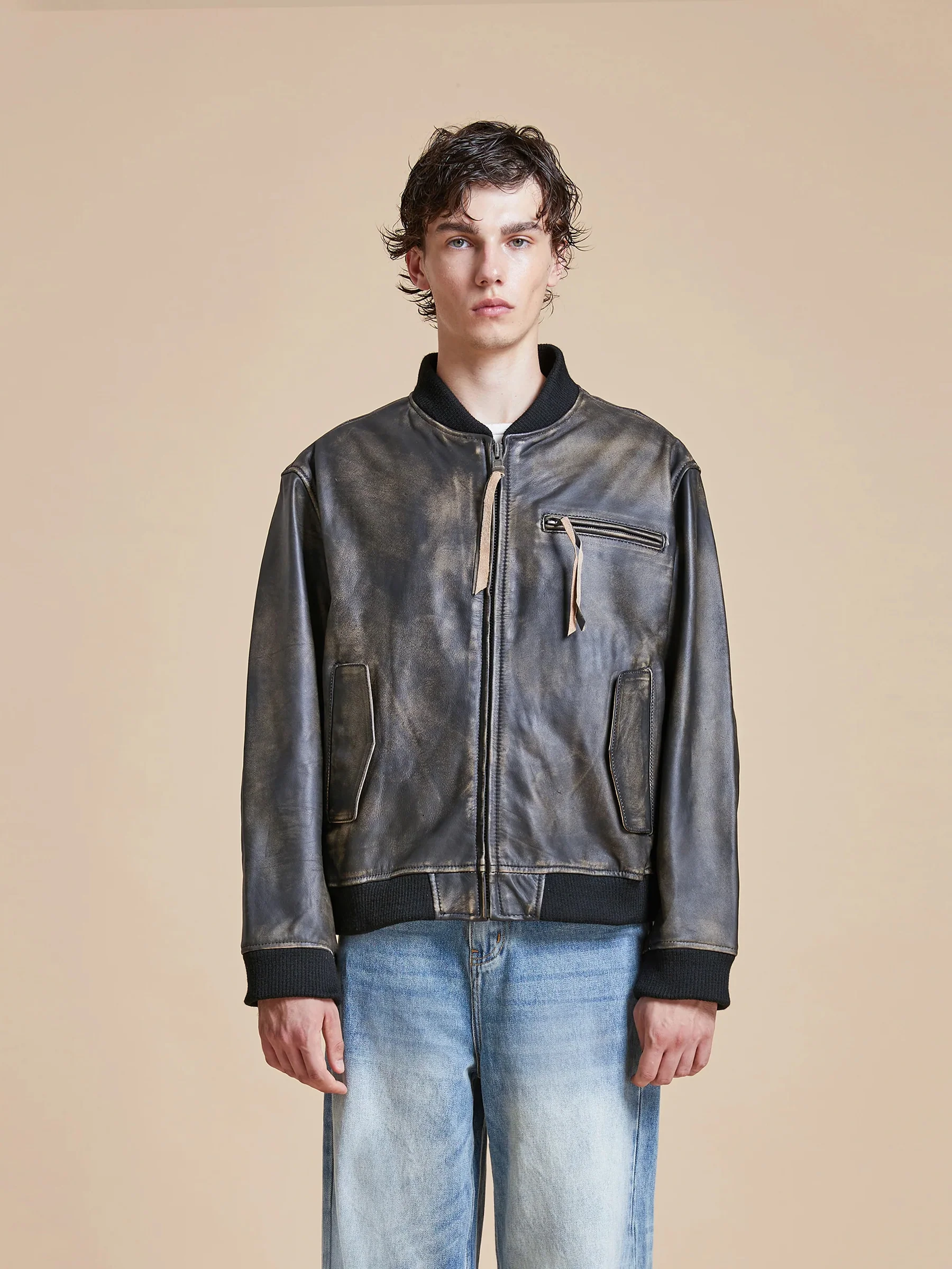 Distressed Pavement Leather Bomber Jacket - Image 12