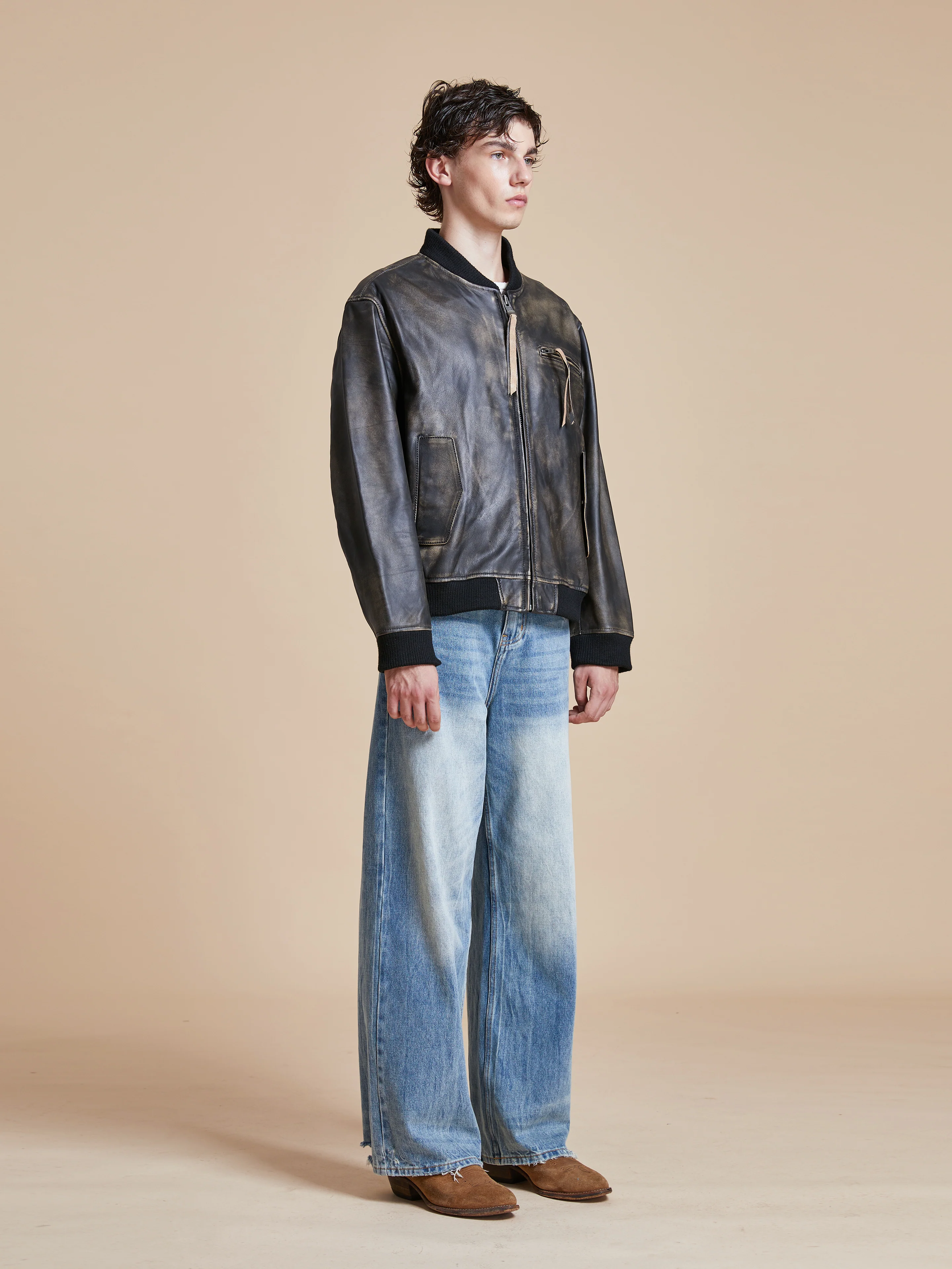 Distressed Pavement Leather Bomber Jacket - Image 14