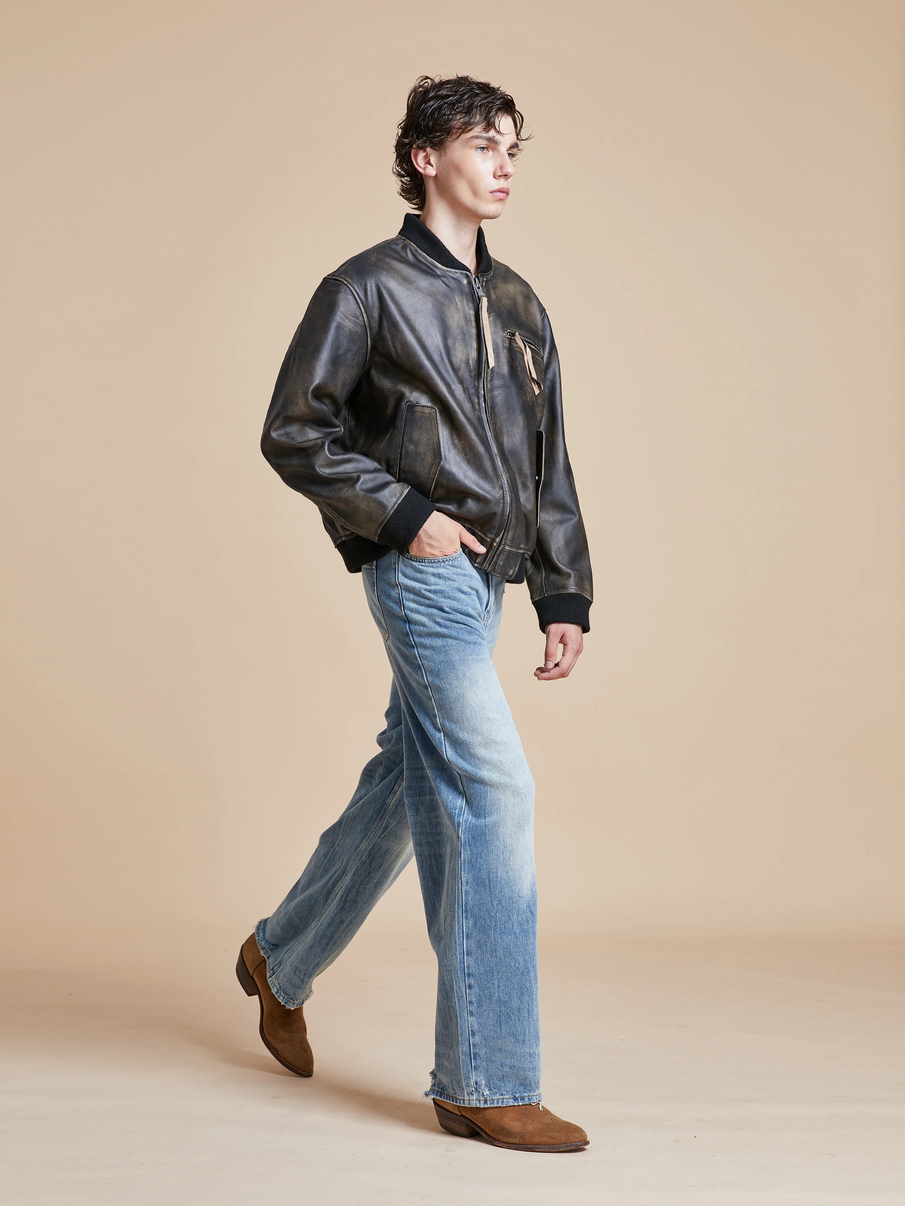Distressed Pavement Leather Bomber Jacket - Image 16