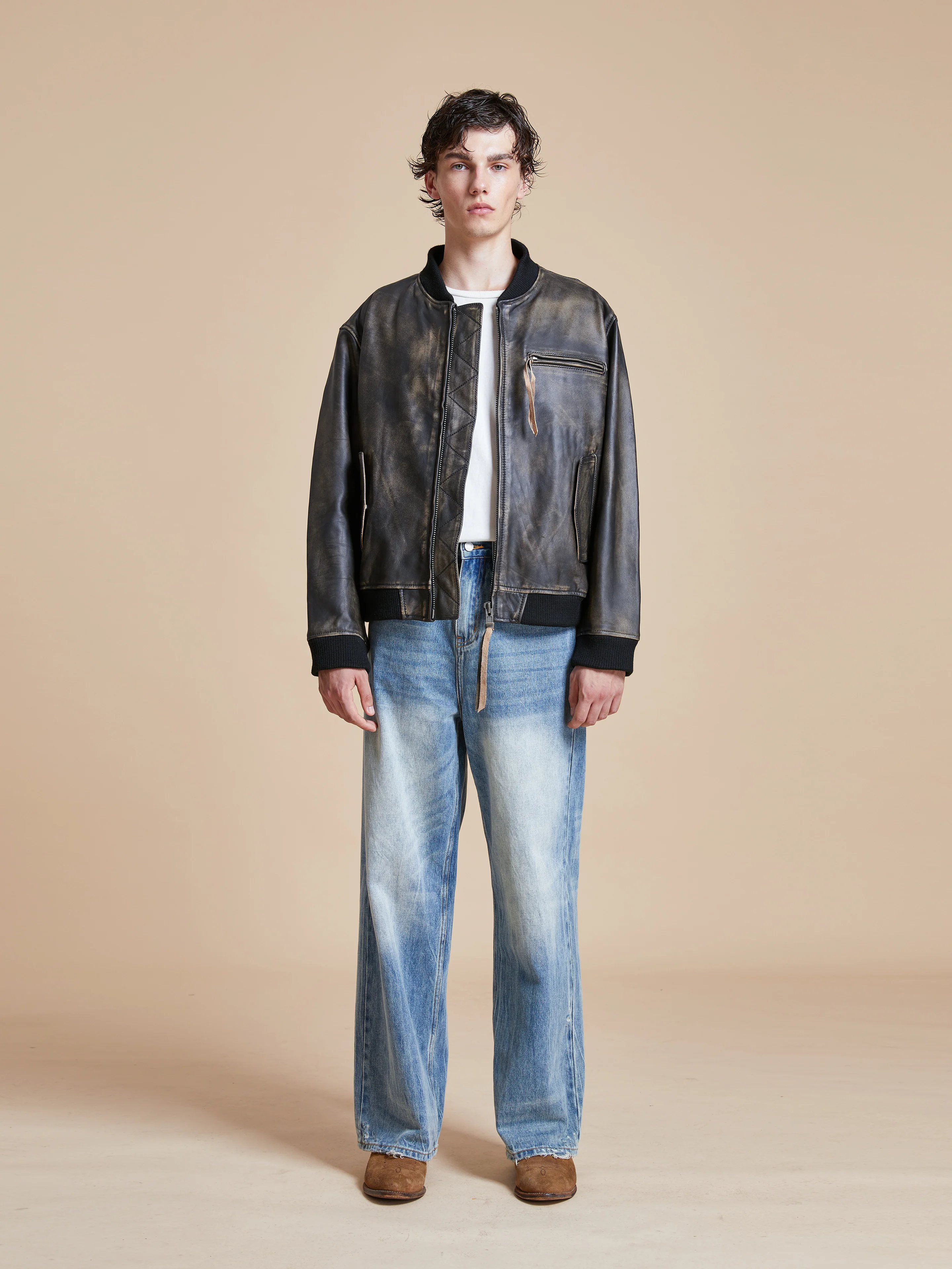 Distressed Pavement Leather Bomber Jacket - Image 17