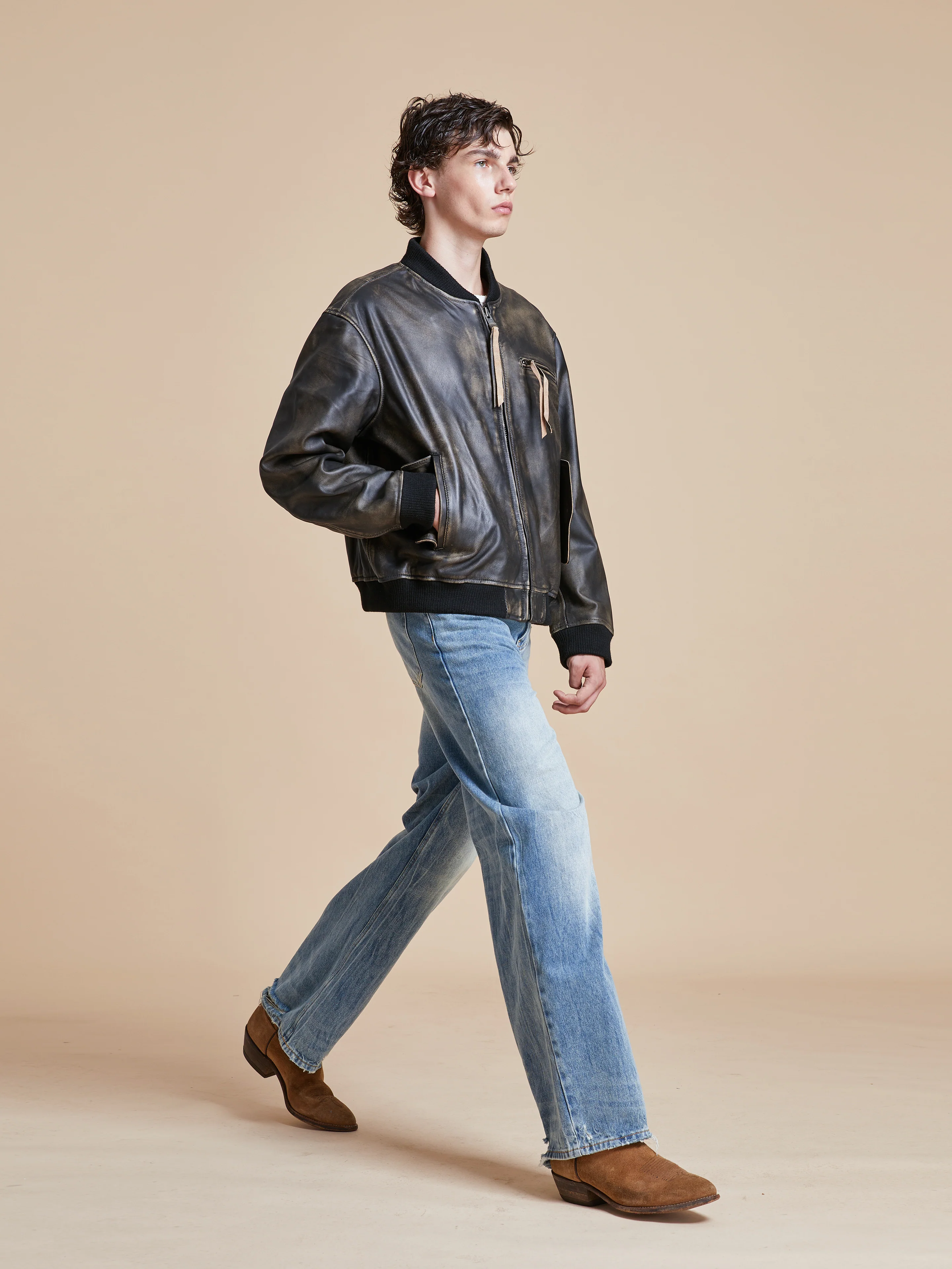 Distressed Pavement Leather Bomber Jacket - Image 20