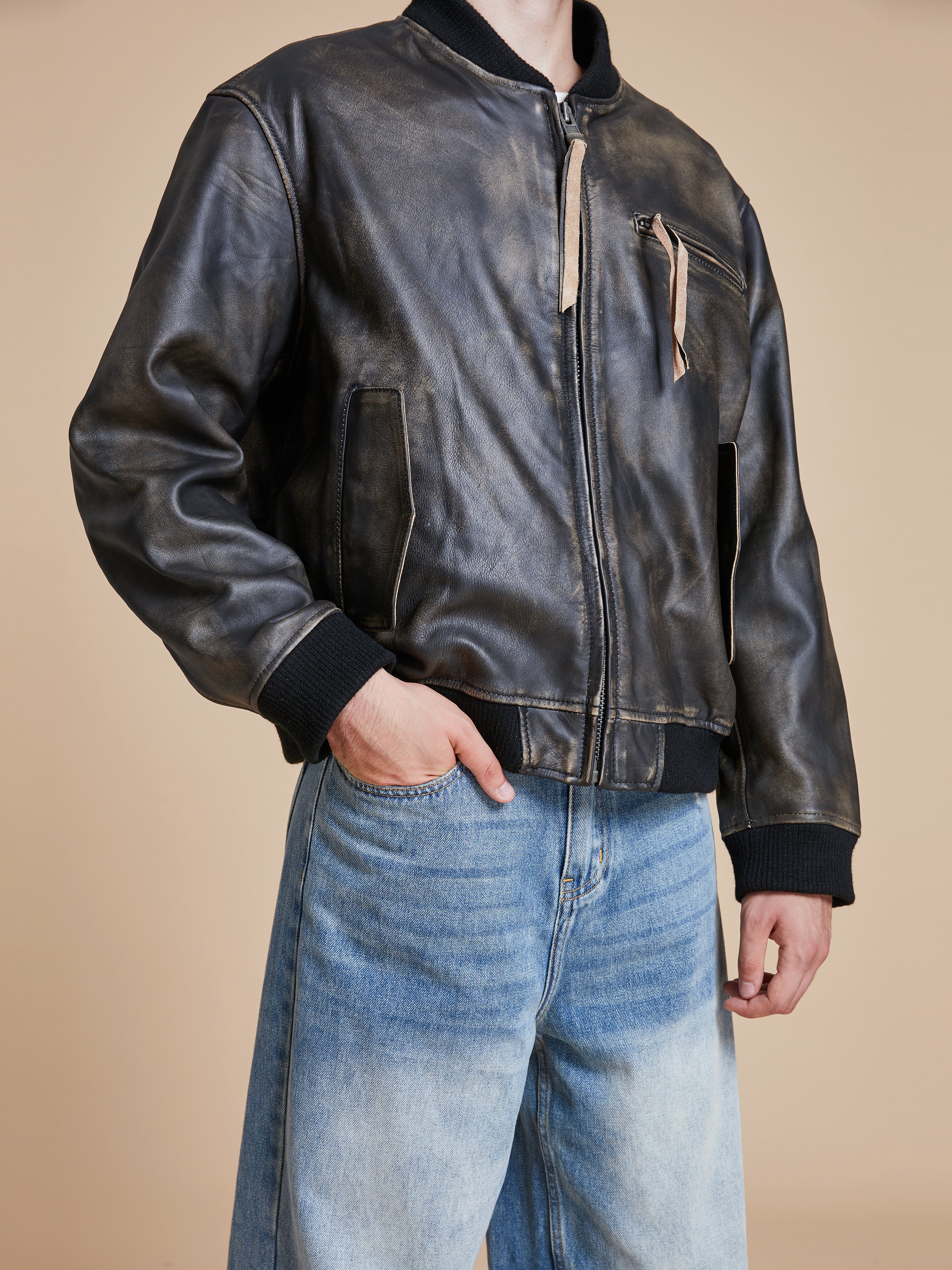 Distressed Pavement Leather Bomber Jacket - Image 21