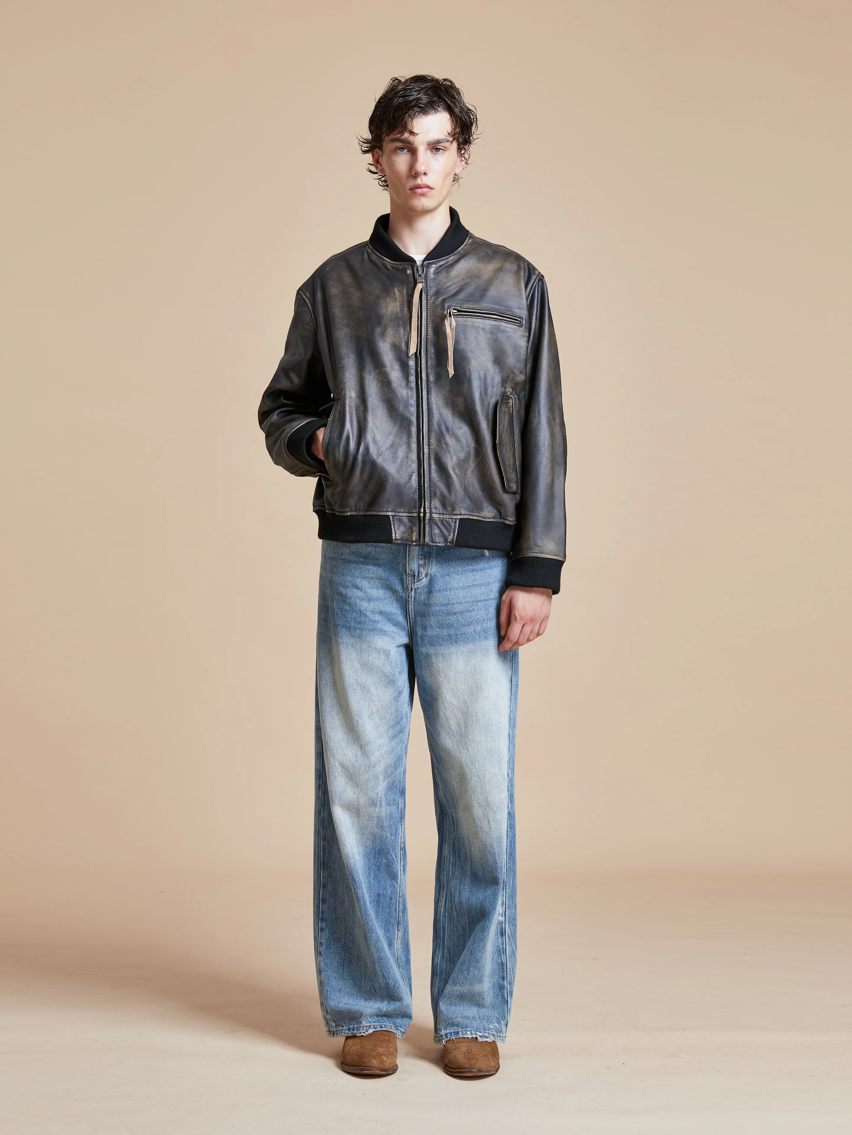 Distressed Pavement Leather Bomber Jacket - Image 23