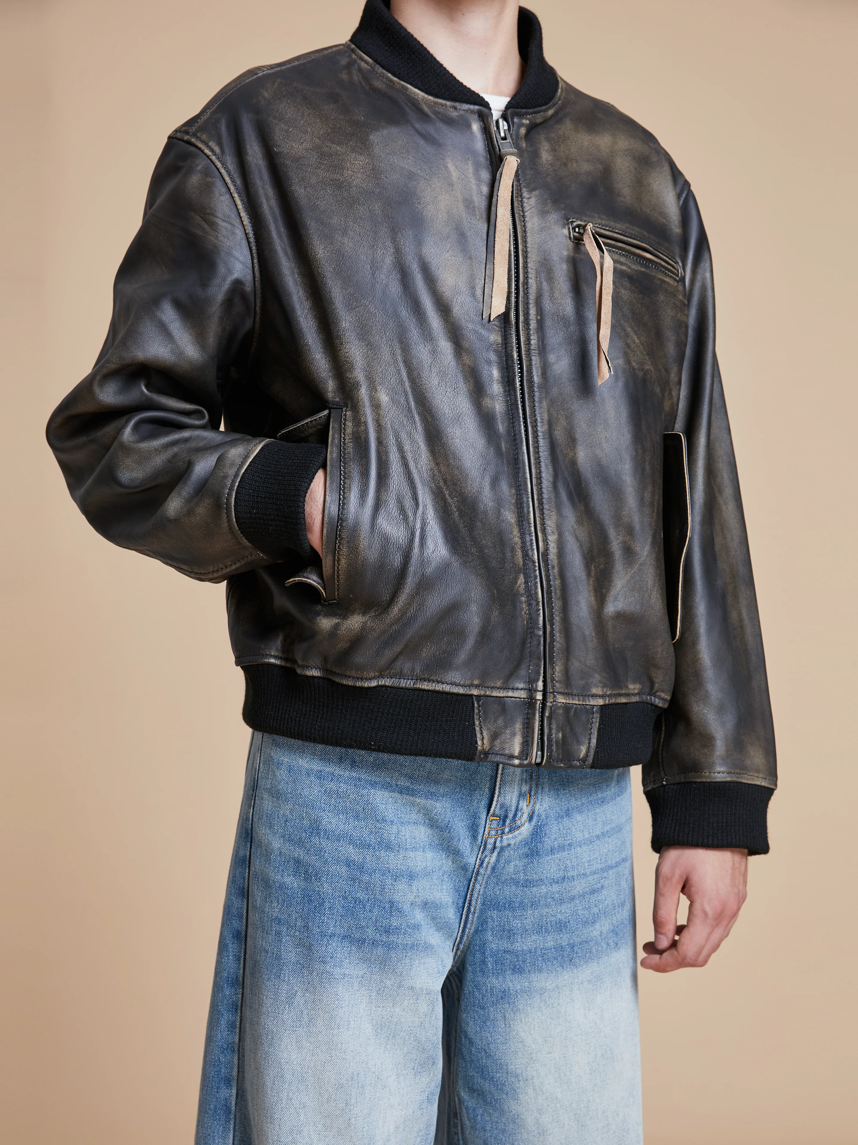 Distressed Pavement Leather Bomber Jacket - Image 6