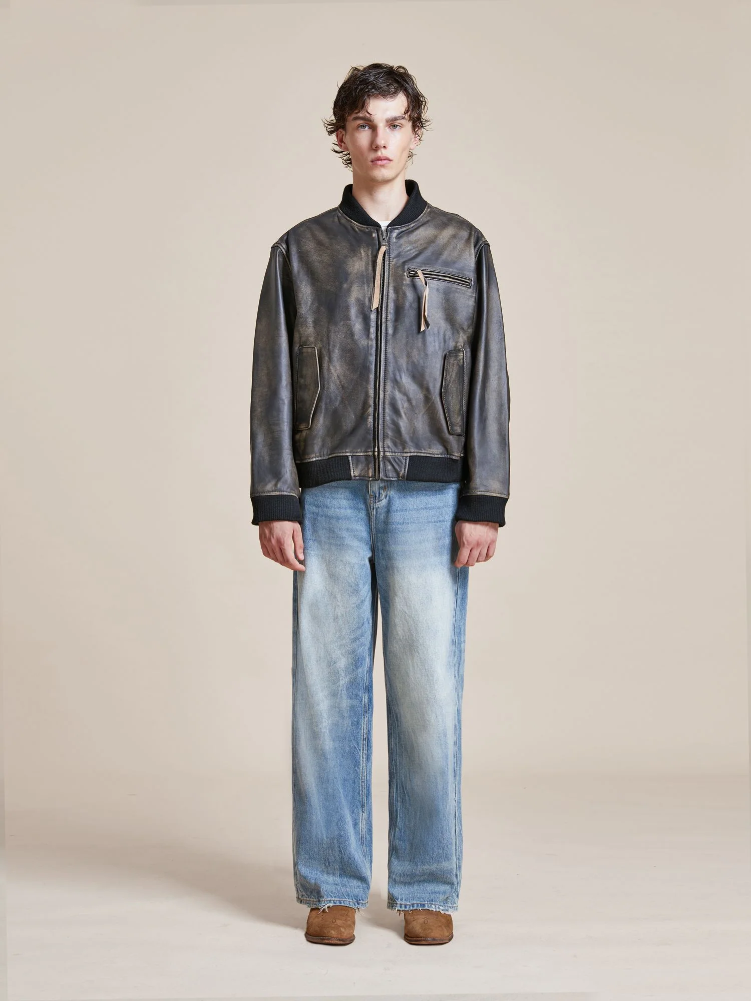 Distressed Pavement Leather Bomber Jacket - Image 9