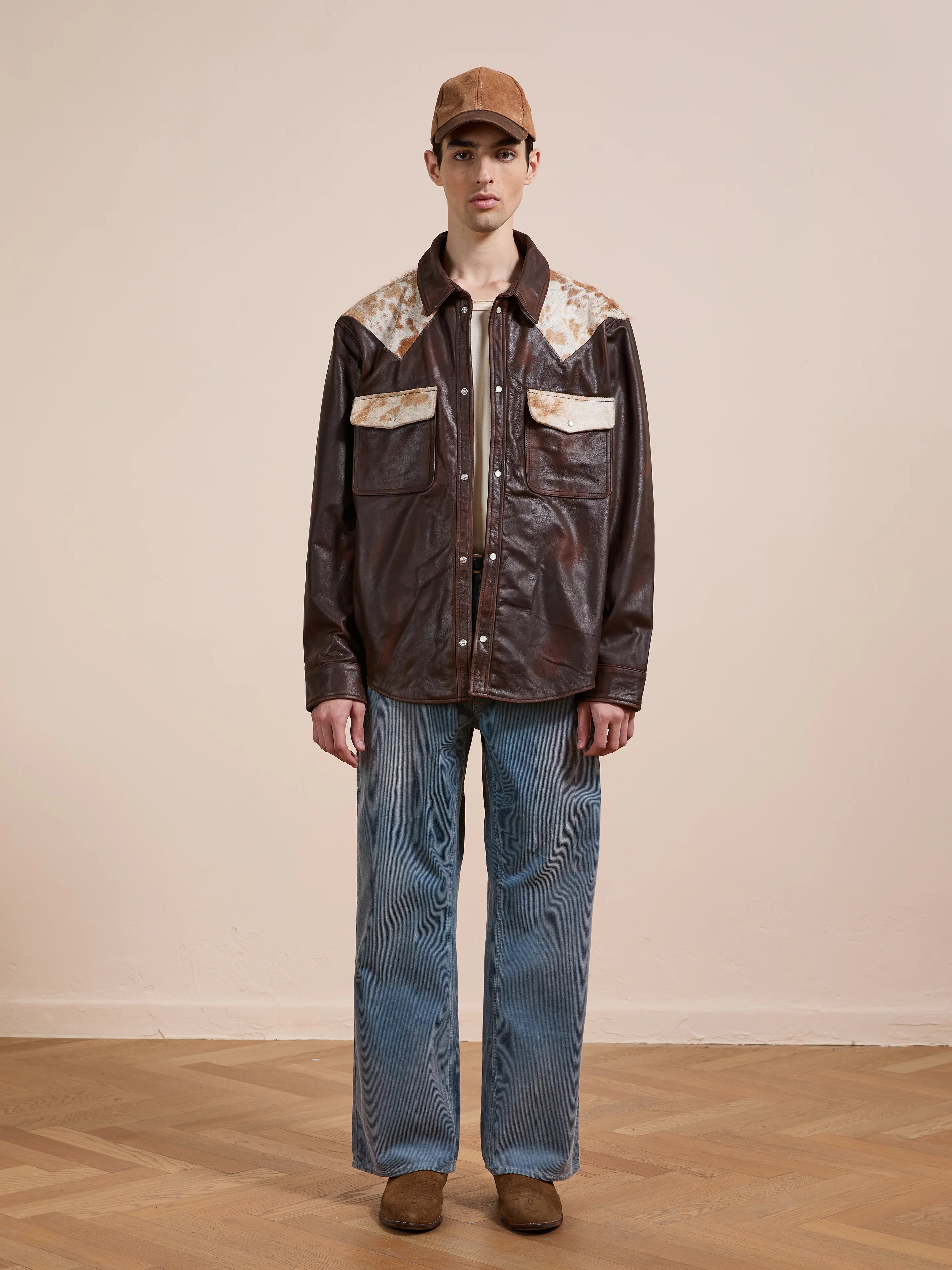 Distressed Leather Cowhide Contrast Western Shirt - Image 10