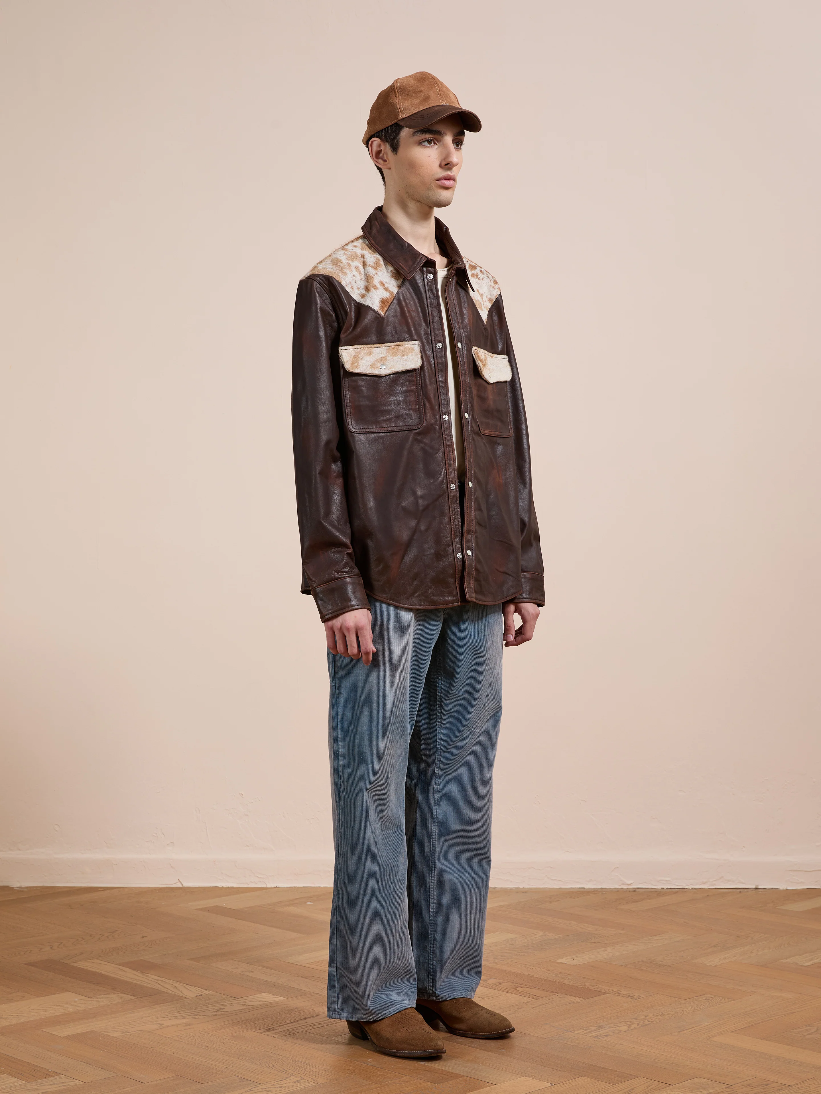Distressed Leather Cowhide Contrast Western Shirt - Image 11