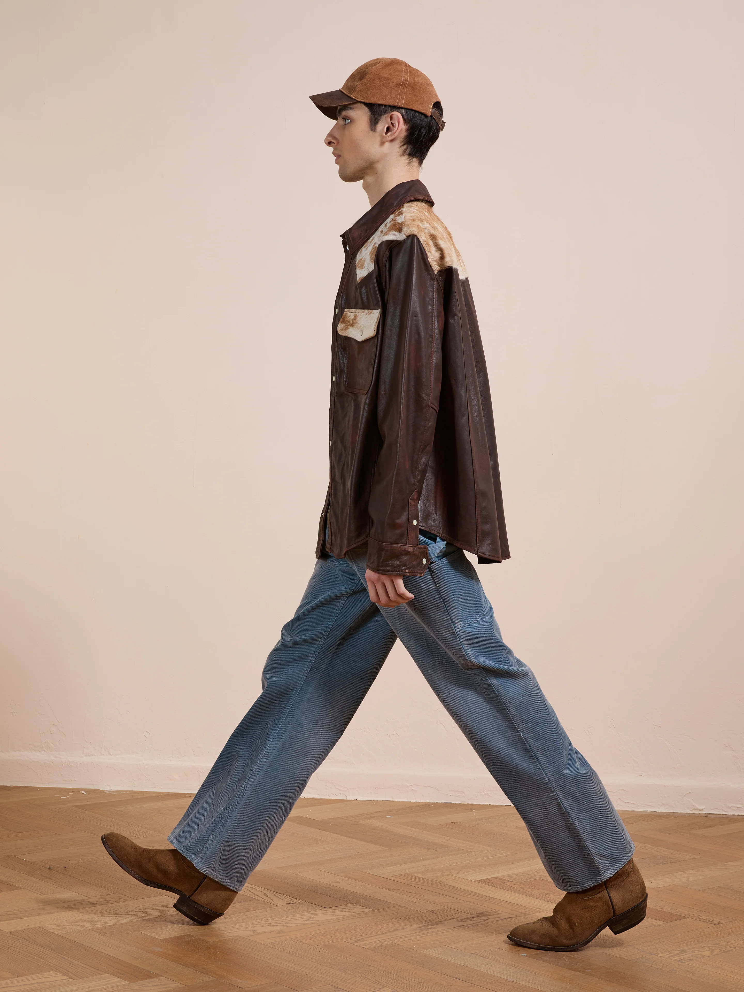 Distressed Leather Cowhide Contrast Western Shirt - Image 3