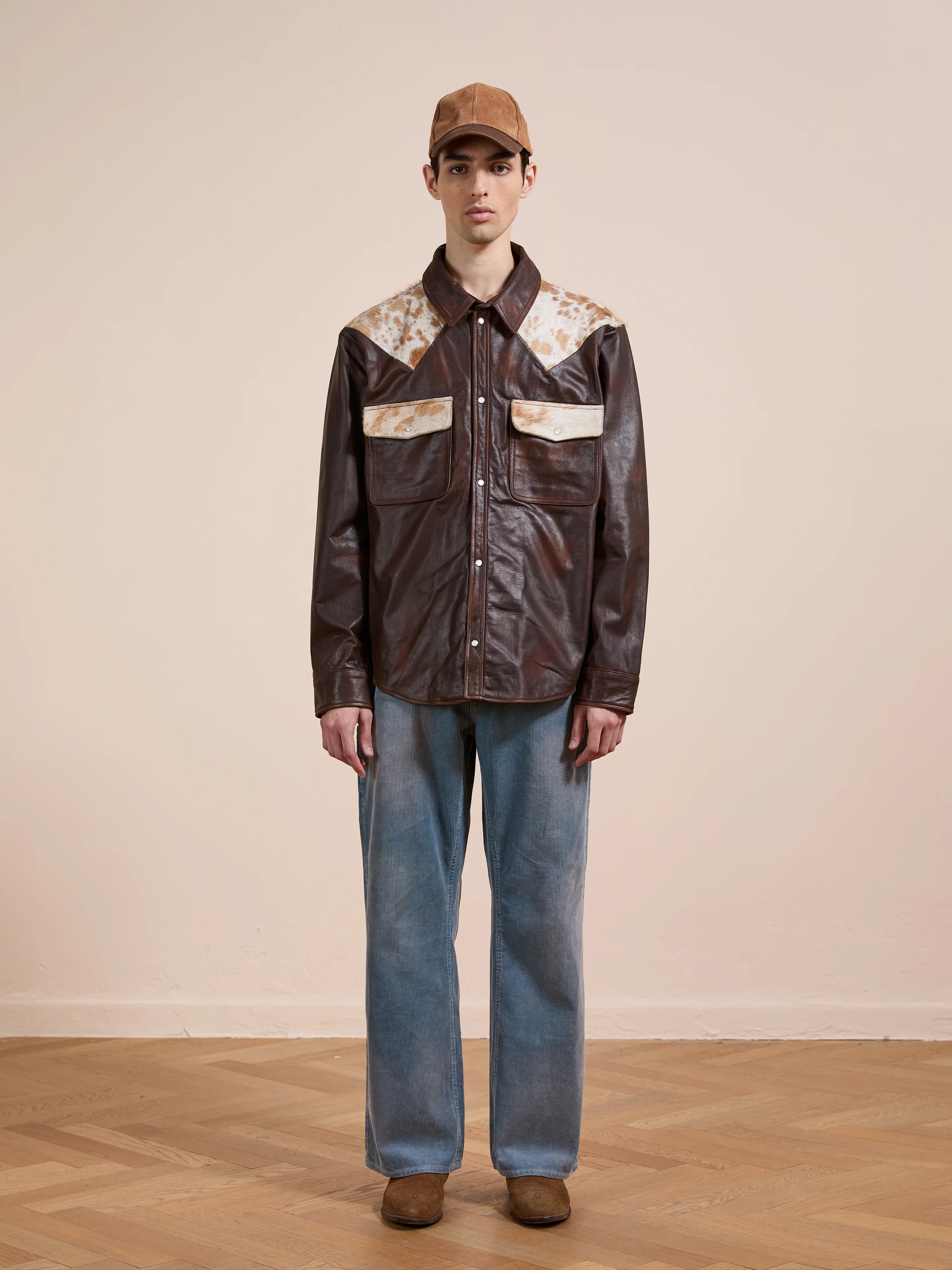 Distressed Leather Cowhide Contrast Western Shirt - Image 6