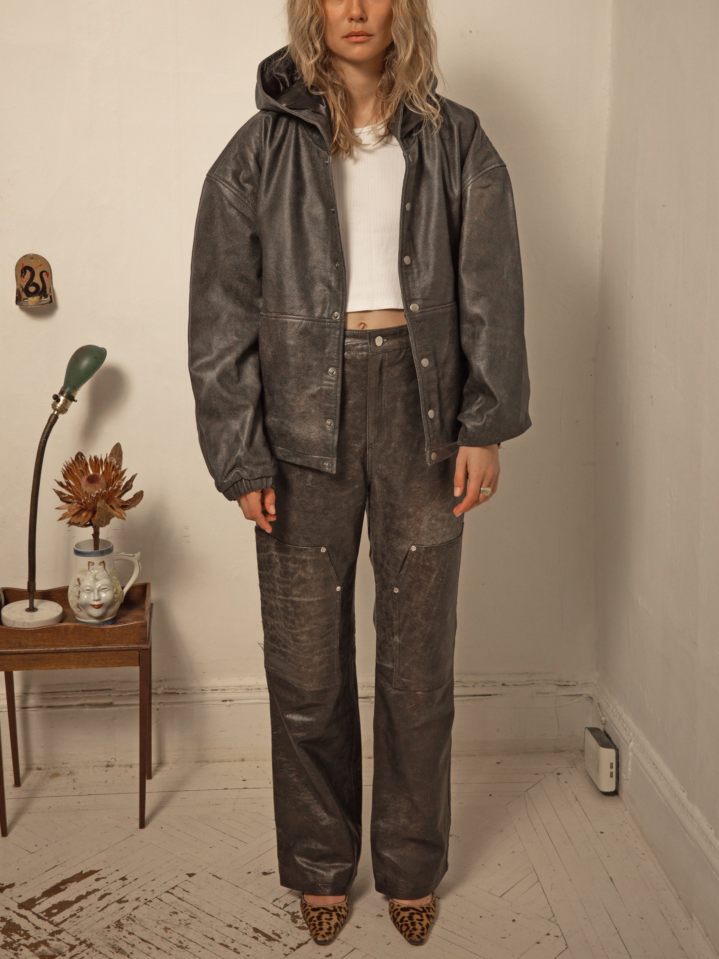 Distressed Genuine Leather Hoodie - Image 15