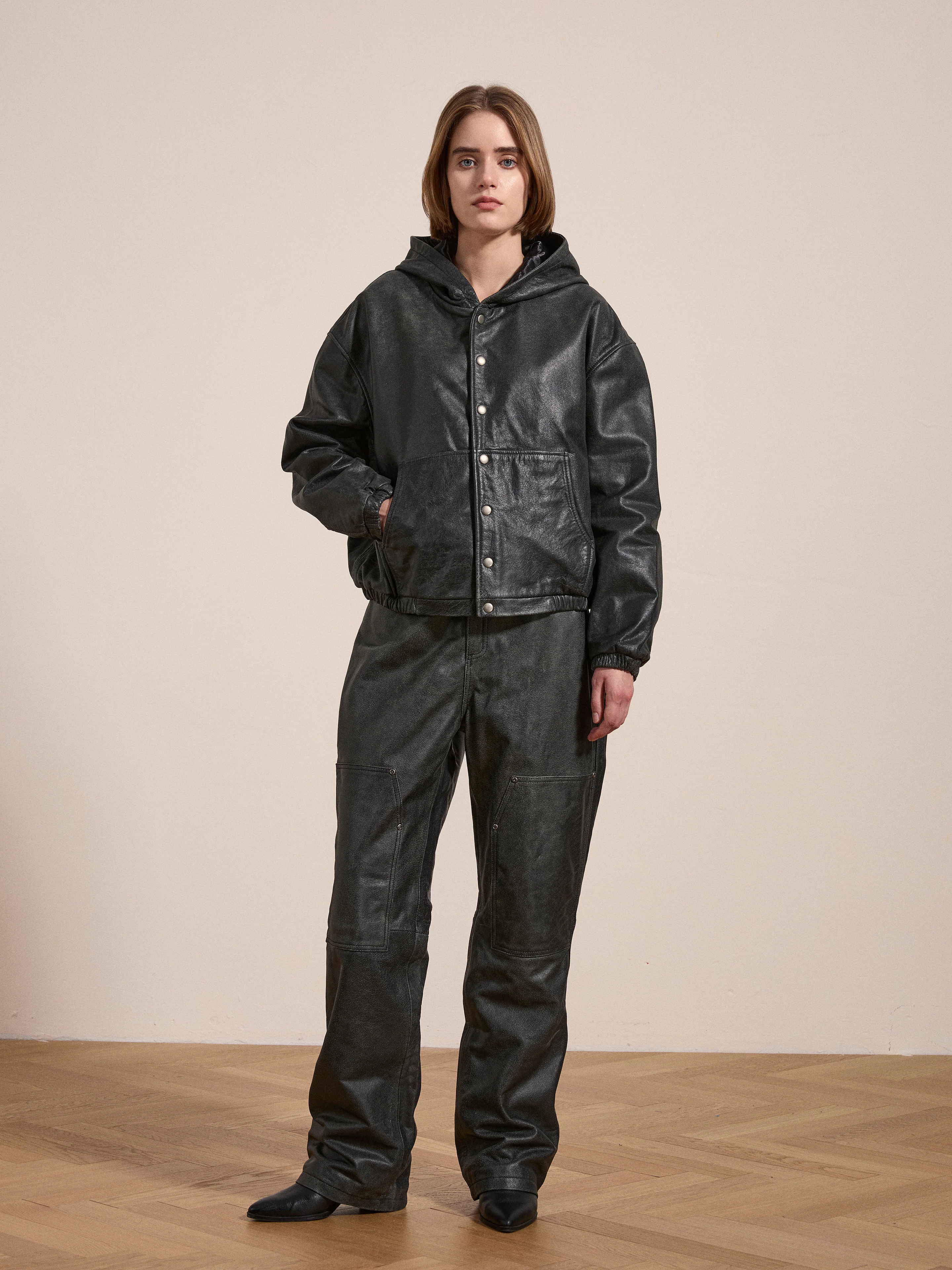 Distressed Genuine Leather Hoodie - Image 7
