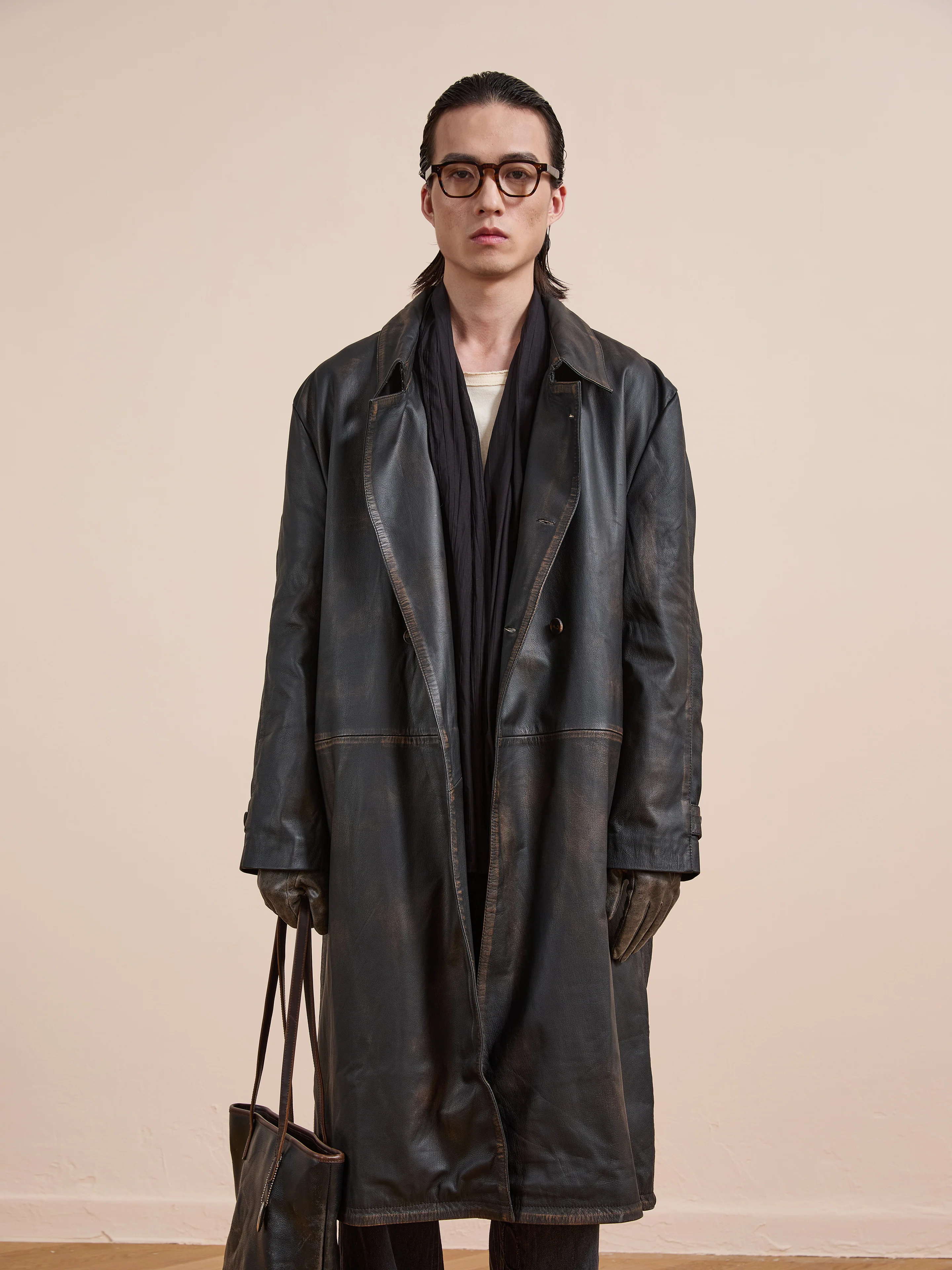 Distressed Leather Trench Coat