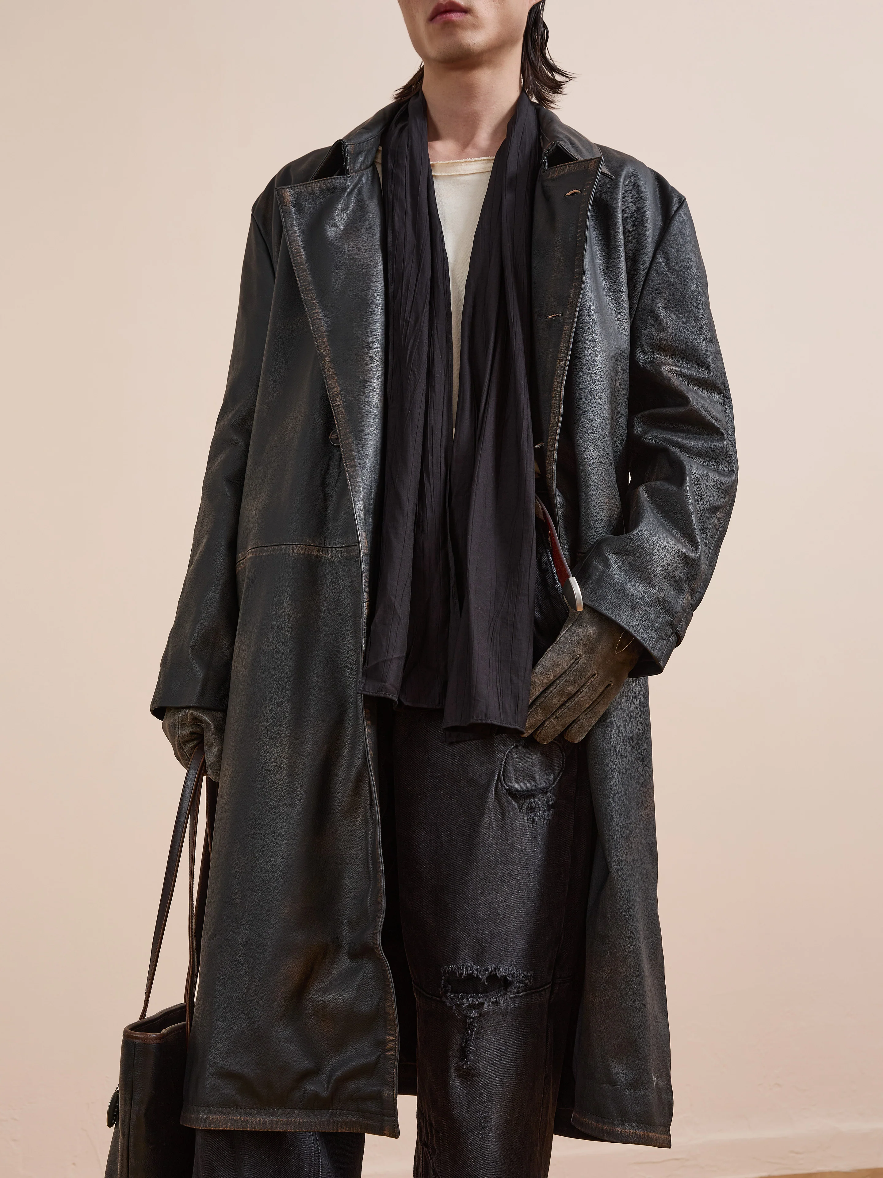 Distressed Leather Trench Coat - Image 5