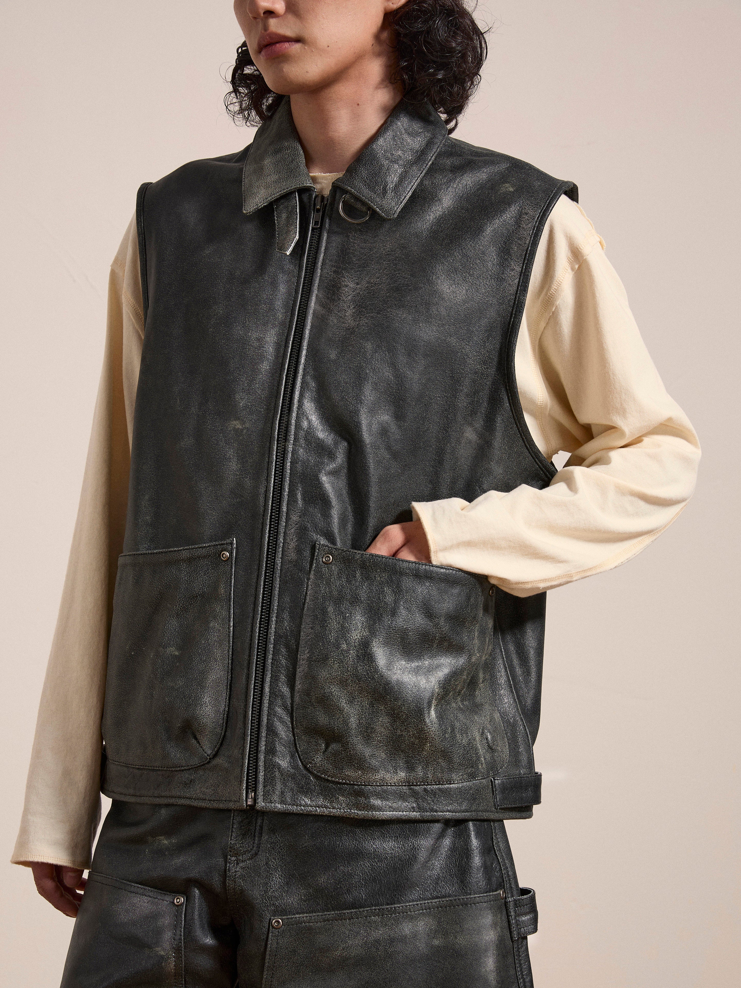 Distressed Genuine Leather Pocket Vest - Image 4