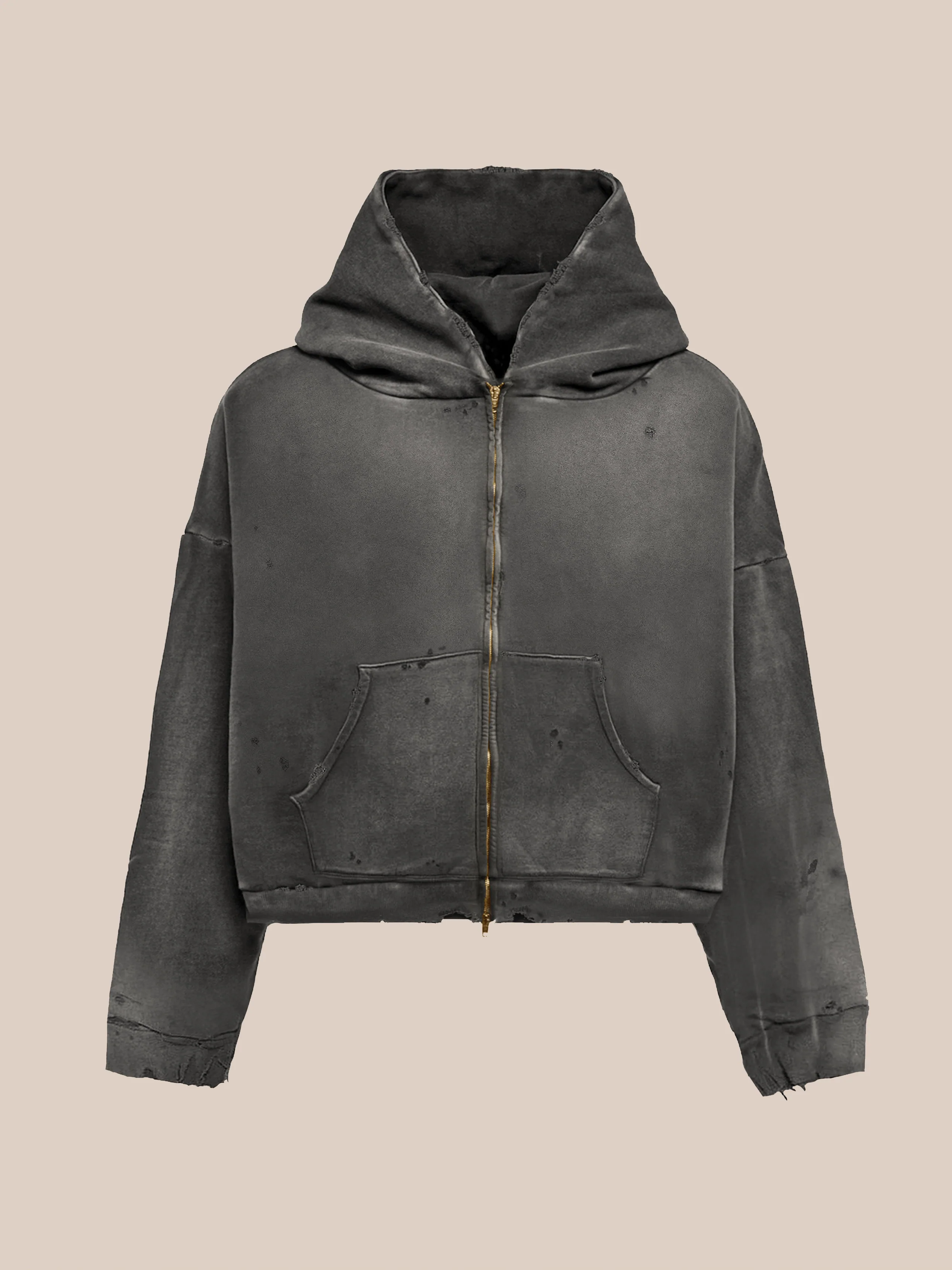 Distressed Thermal Lined Zip Up Hoodie