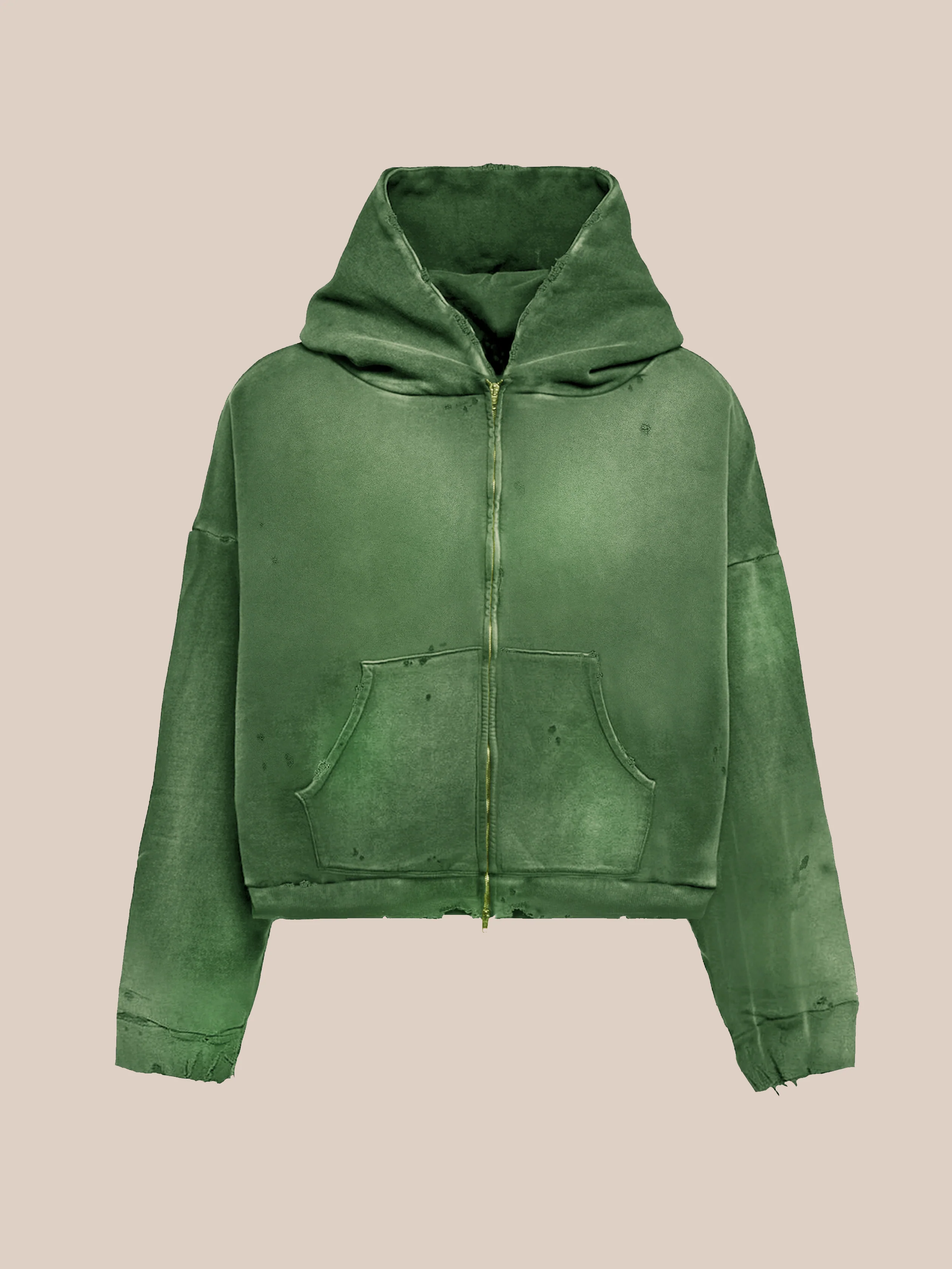 Distressed Thermal Lined Zip Up Hoodie