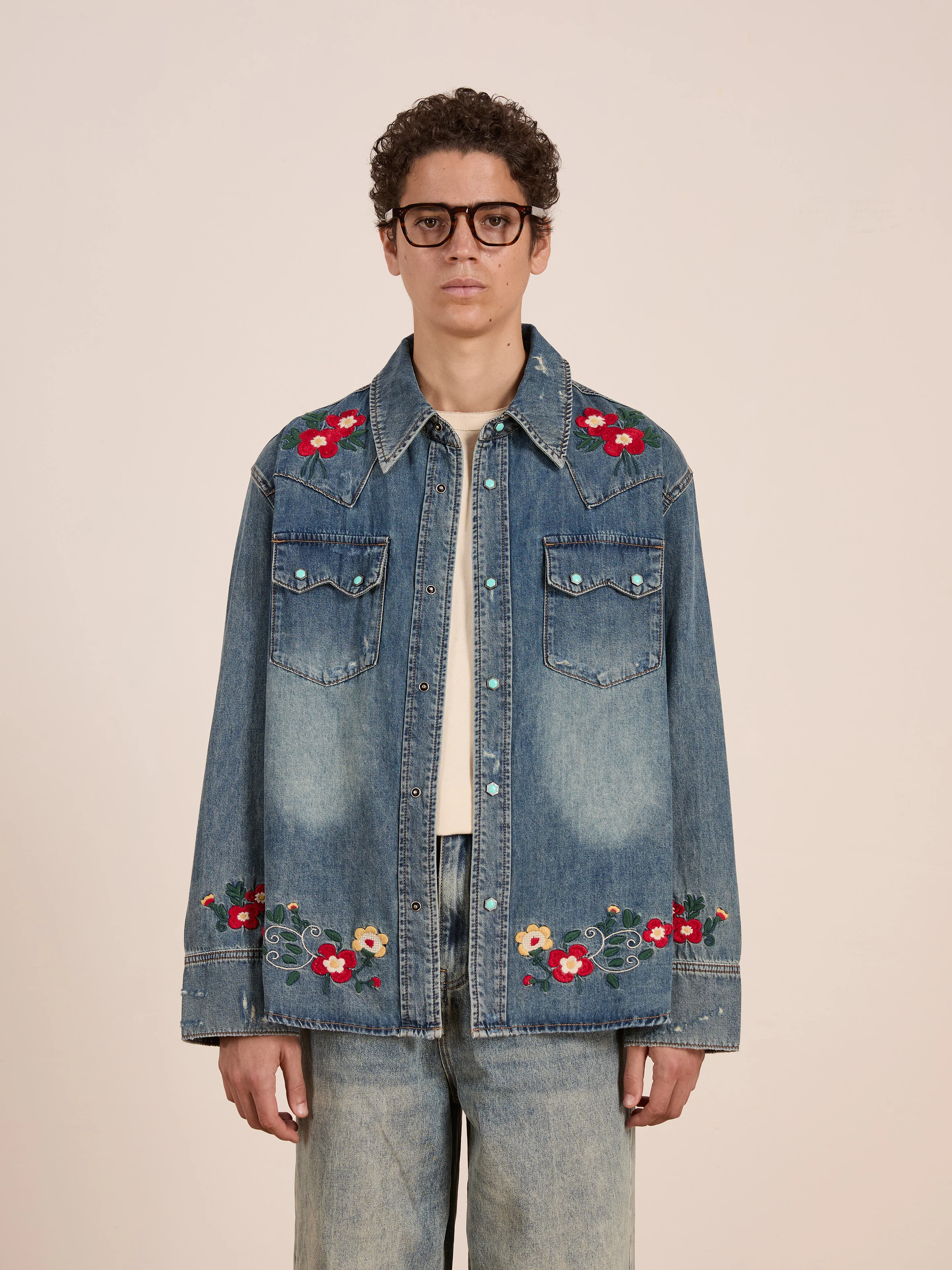Floral Embroidered Western Denim Shirt