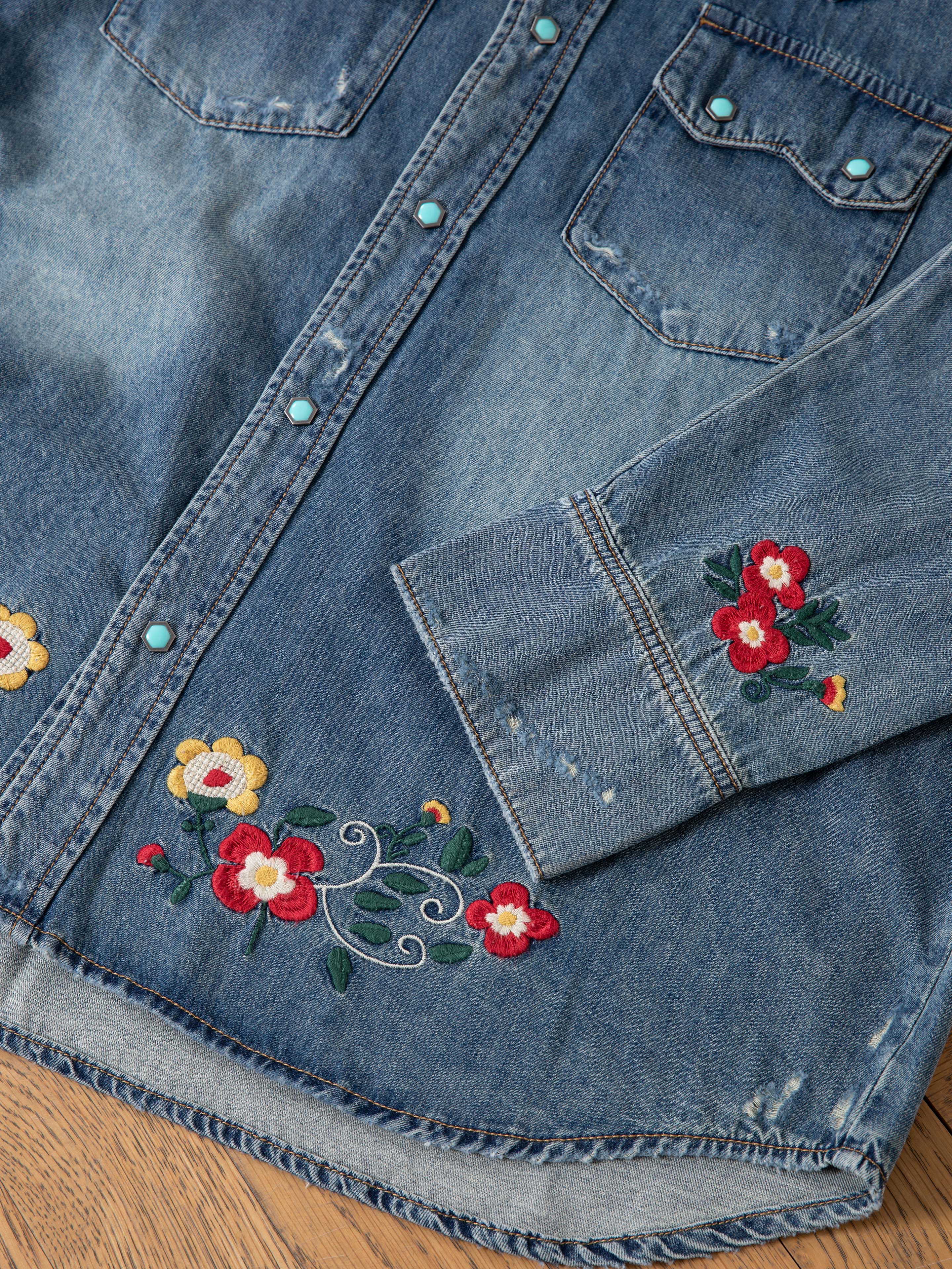 Floral Embroidered Western Denim Shirt - Image 11
