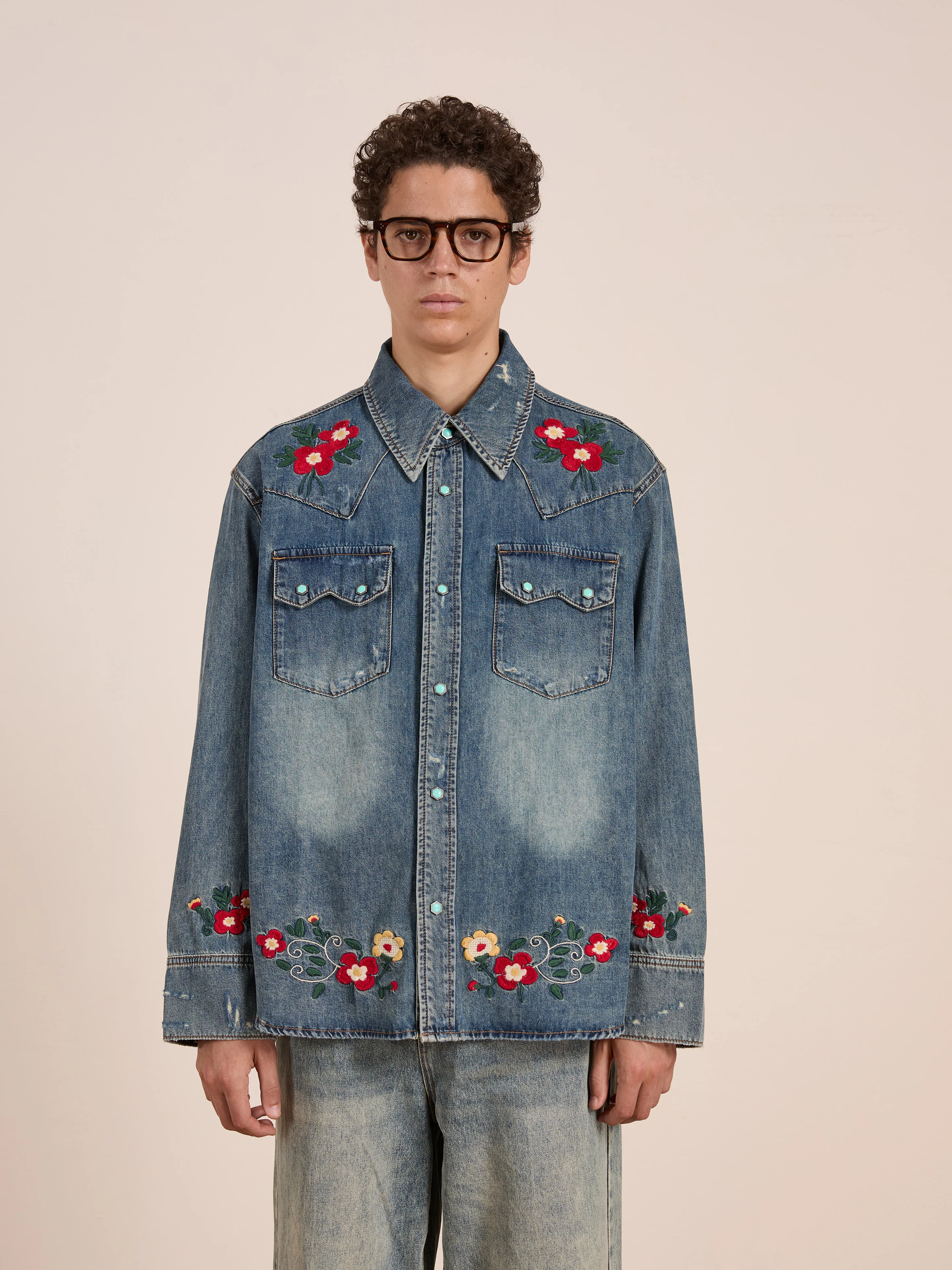 Floral Embroidered Western Denim Shirt - Image 12