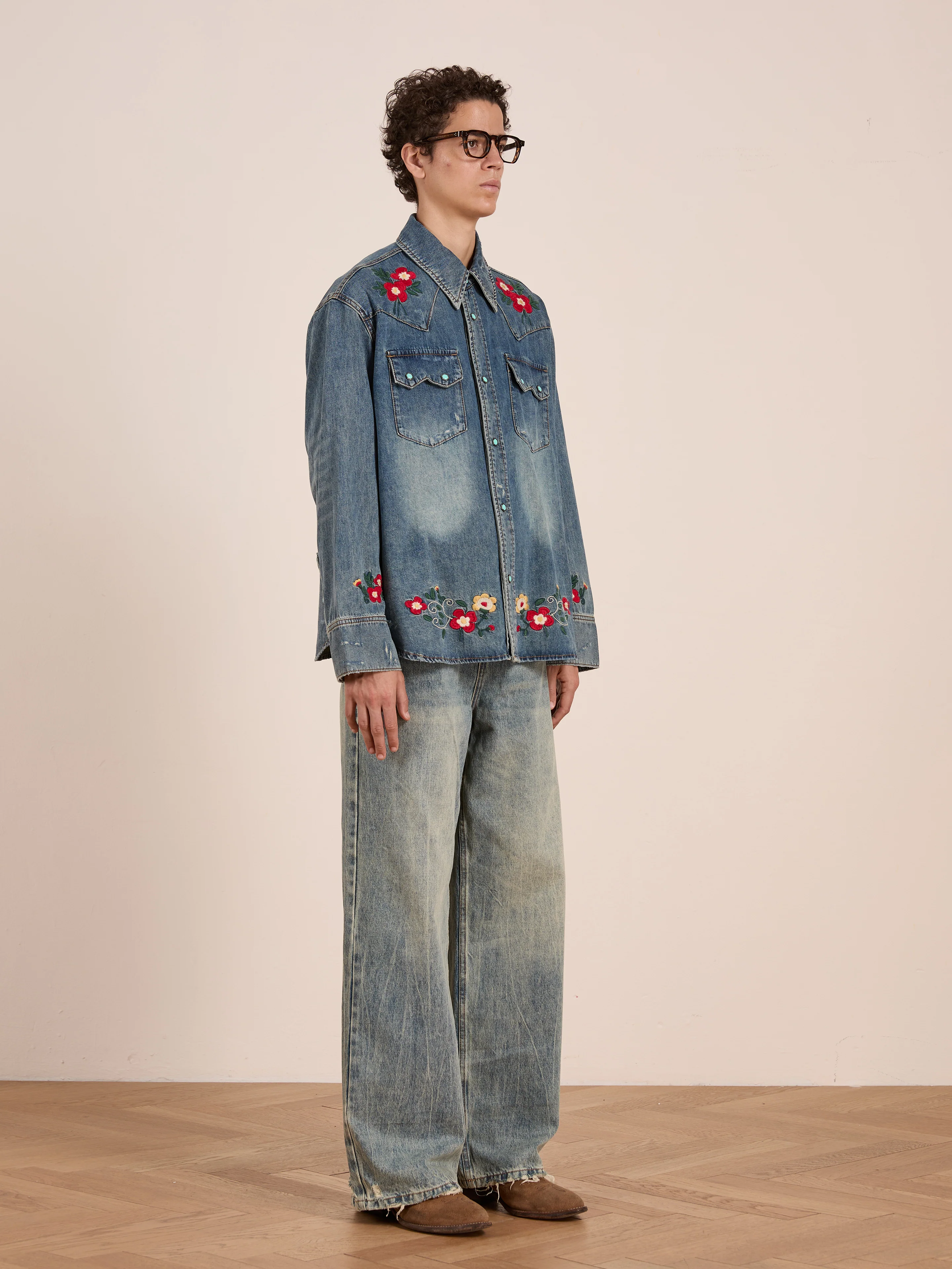 Floral Embroidered Western Denim Shirt - Image 14