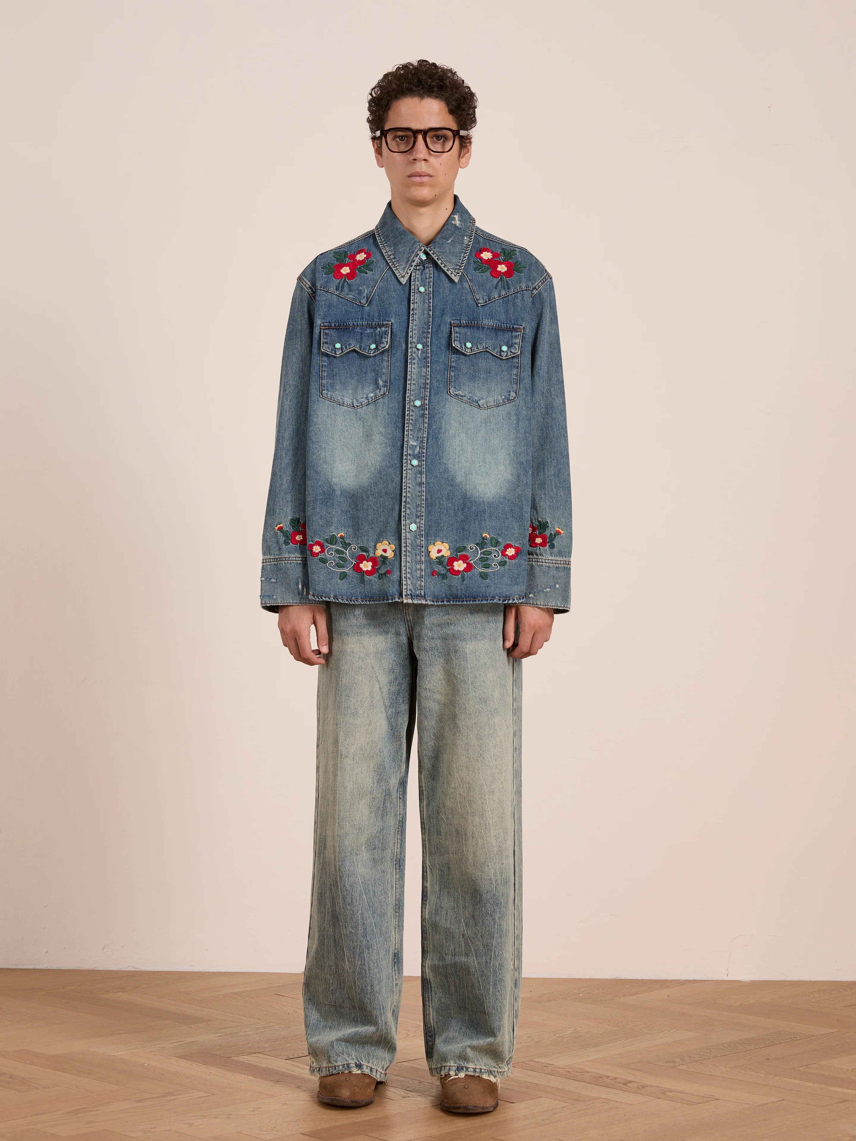 Floral Embroidered Western Denim Shirt - Image 2