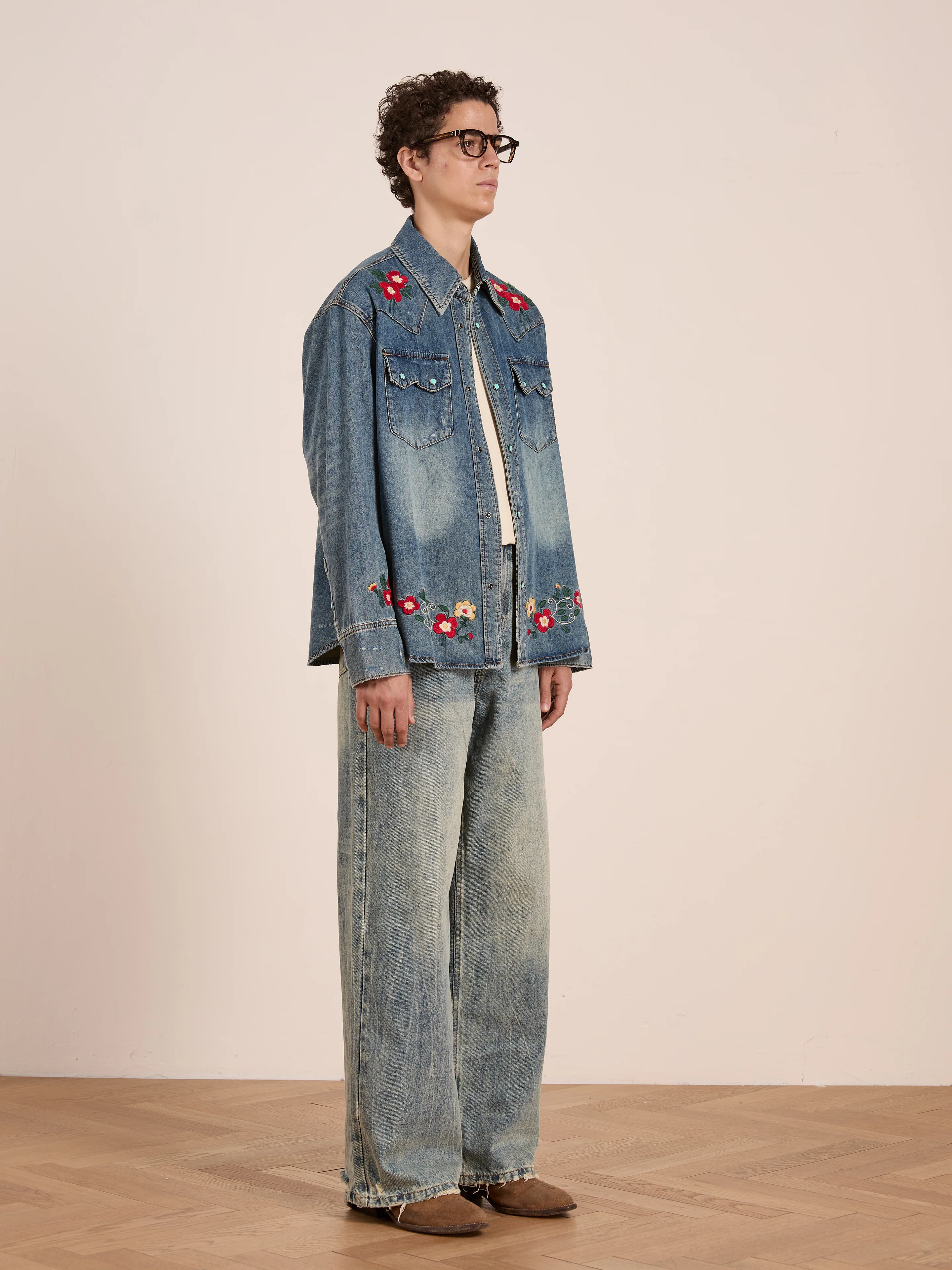 Floral Embroidered Western Denim Shirt - Image 3